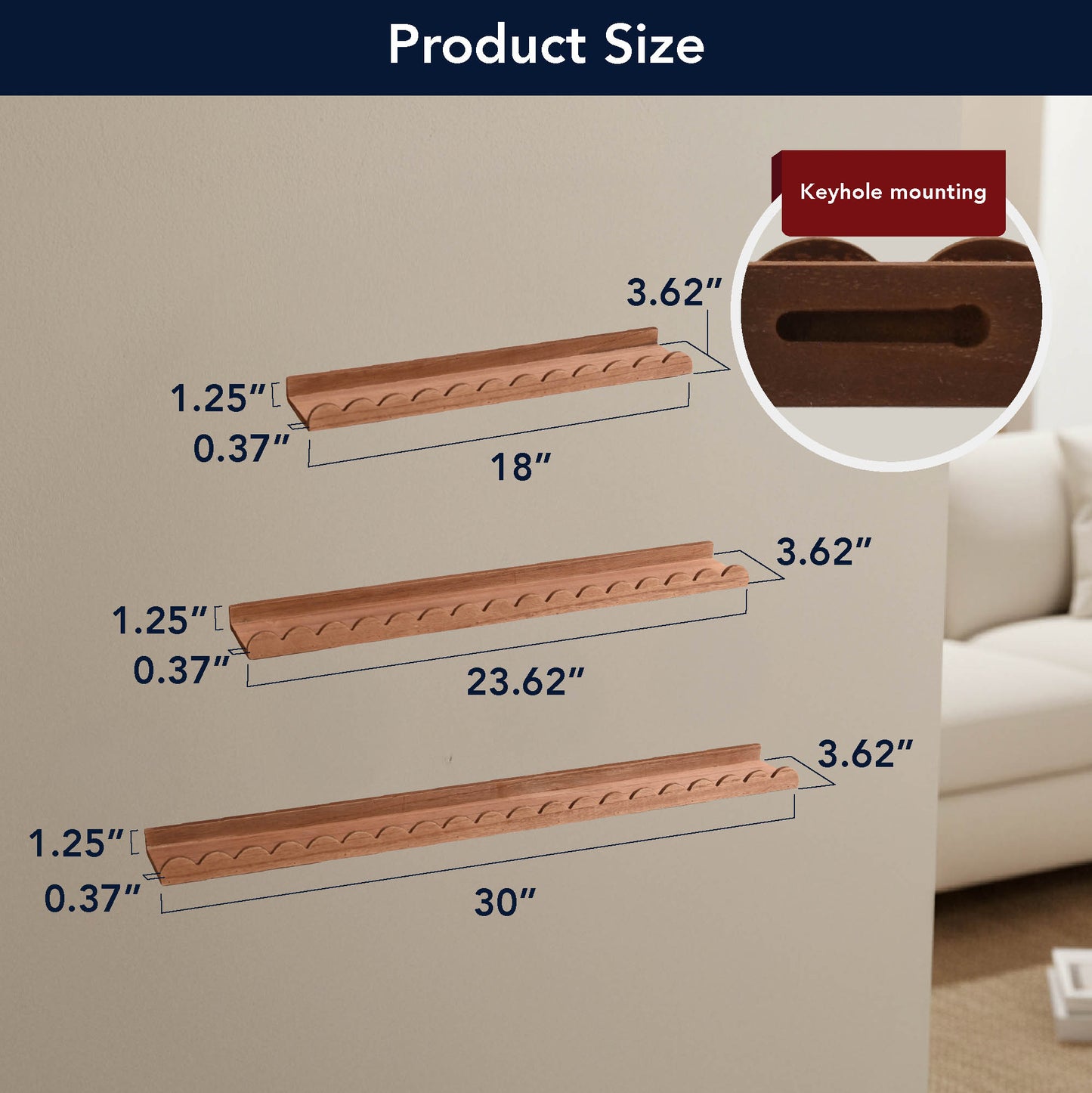 Walnut Scallop Wood Floating Wall Shelf Set of 3