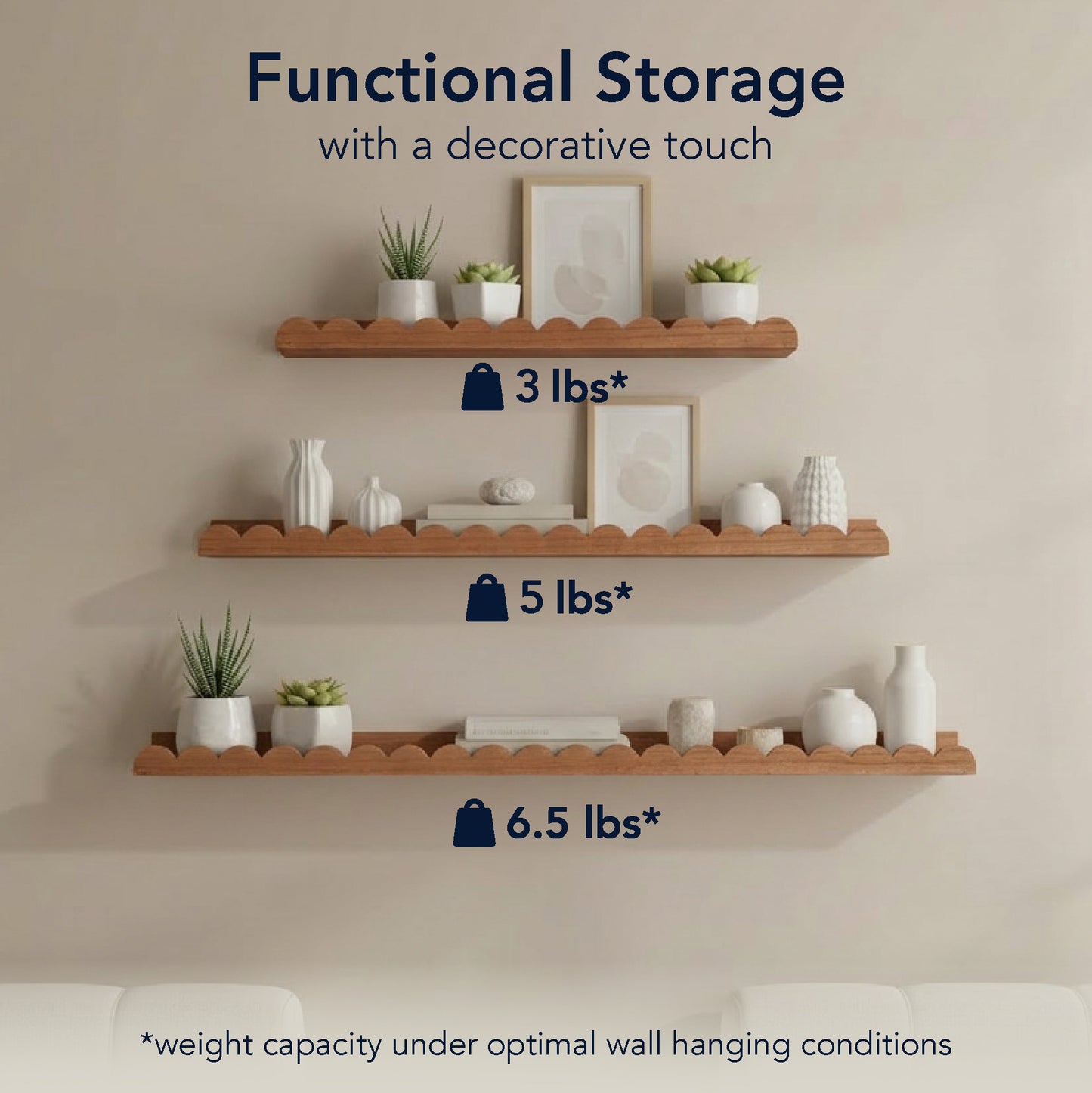 Walnut Scallop Wood Floating Wall Shelf Set of 3