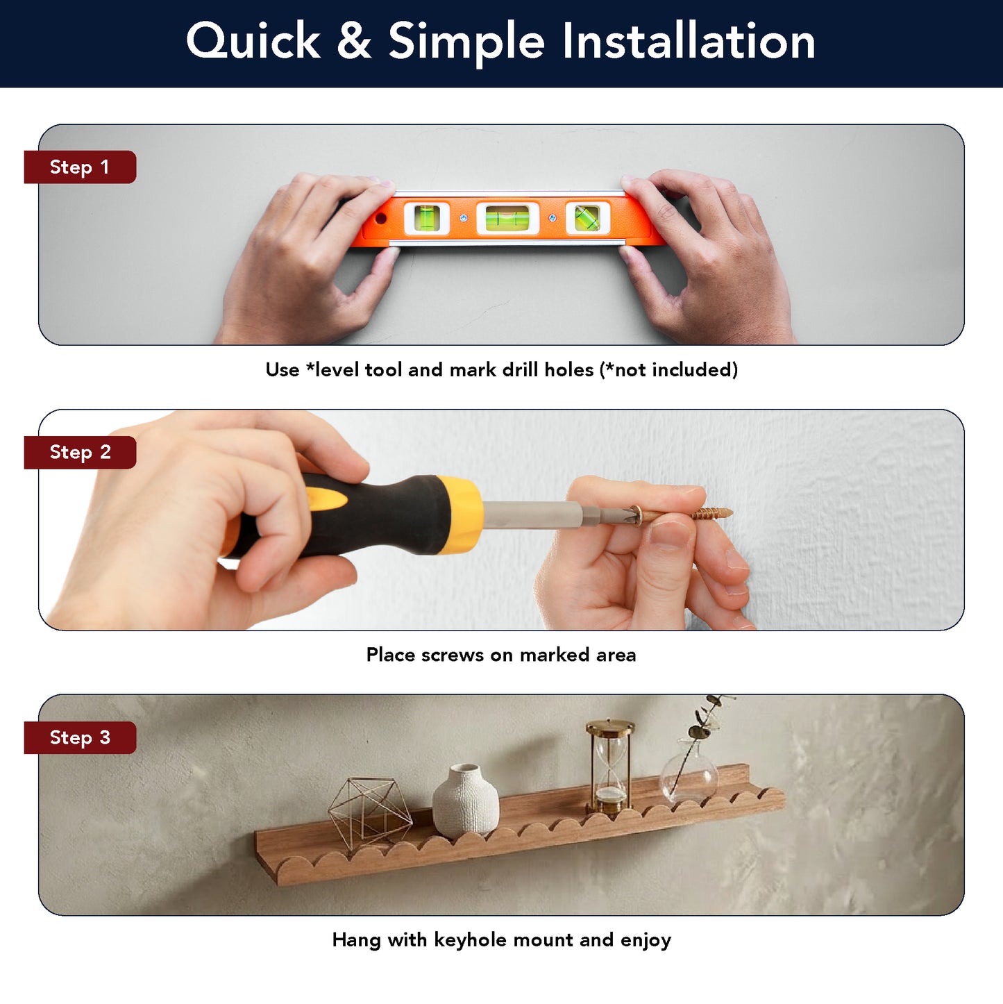 Walnut Scallop Wood Floating Wall Shelf Set of 3