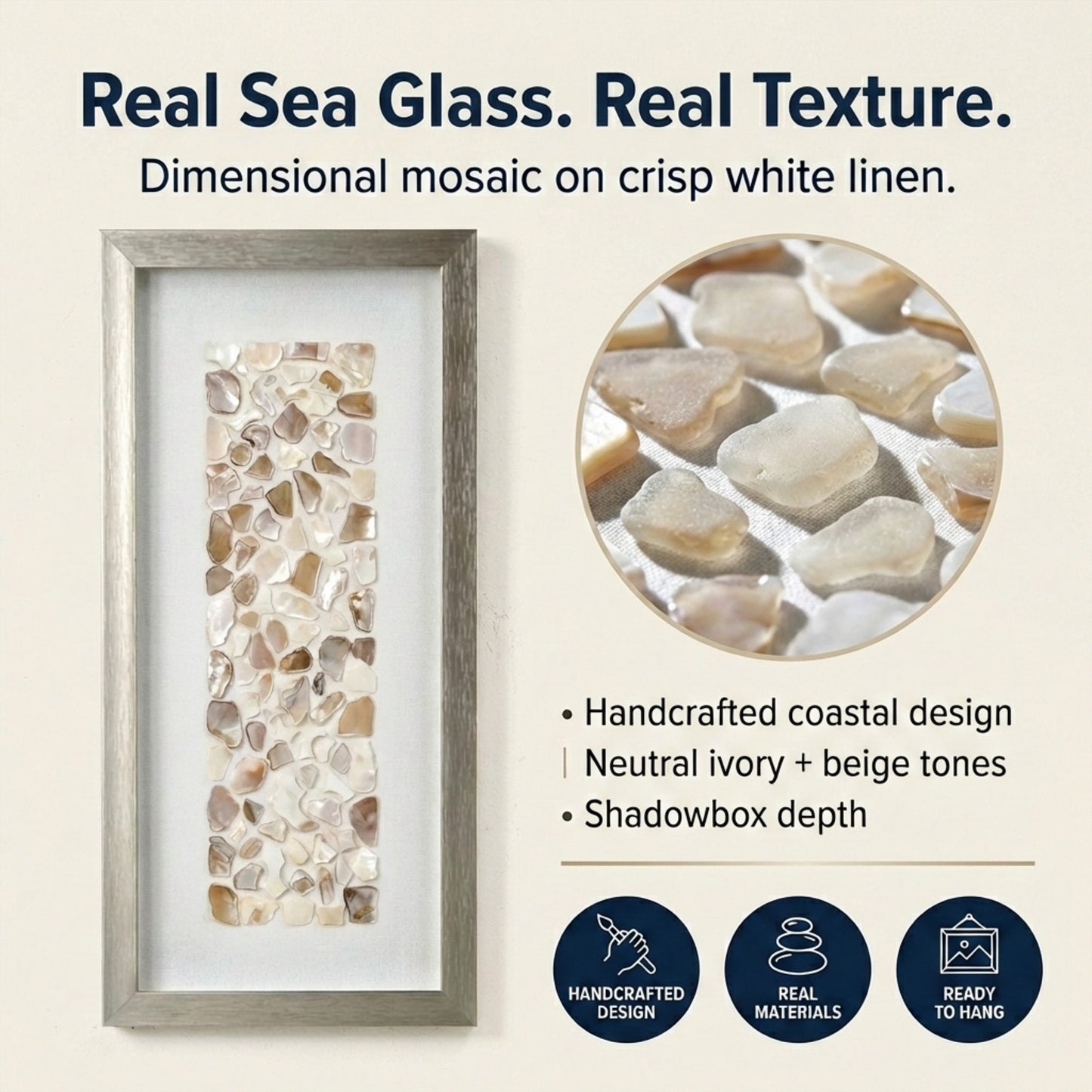 Handcrafted Neutral Seashell Mosaic Panel Wall Art Decor with Champagne Frame - 2 Piece Set