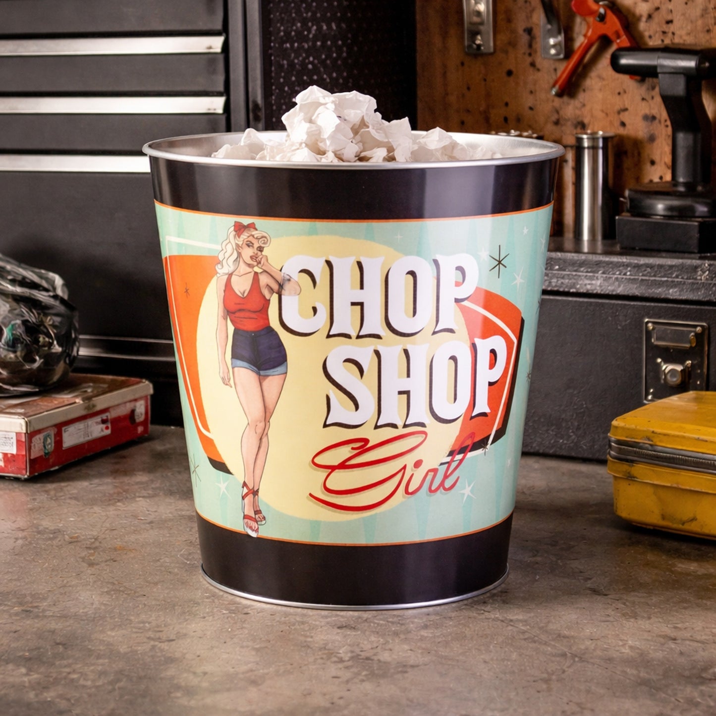 Chop Shop Girl Decorative Metal Trash Bin Waste Basket - 11.25" x 10.5"