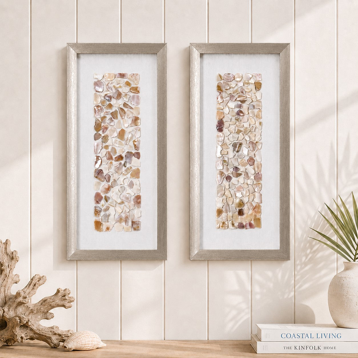 Handcrafted Neutral Seashell Mosaic Panel Wall Art Decor with Champagne Frame - 2 Piece Set