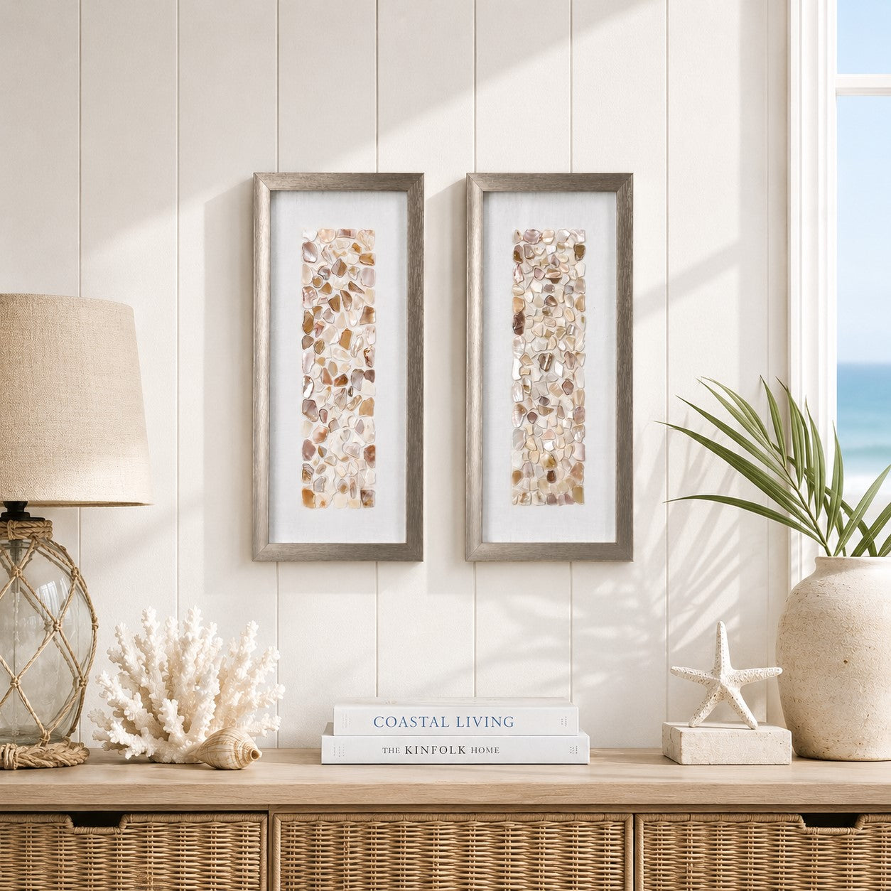 Handcrafted Neutral Seashell Mosaic Panel Wall Art Decor with Champagne Frame - 2 Piece Set