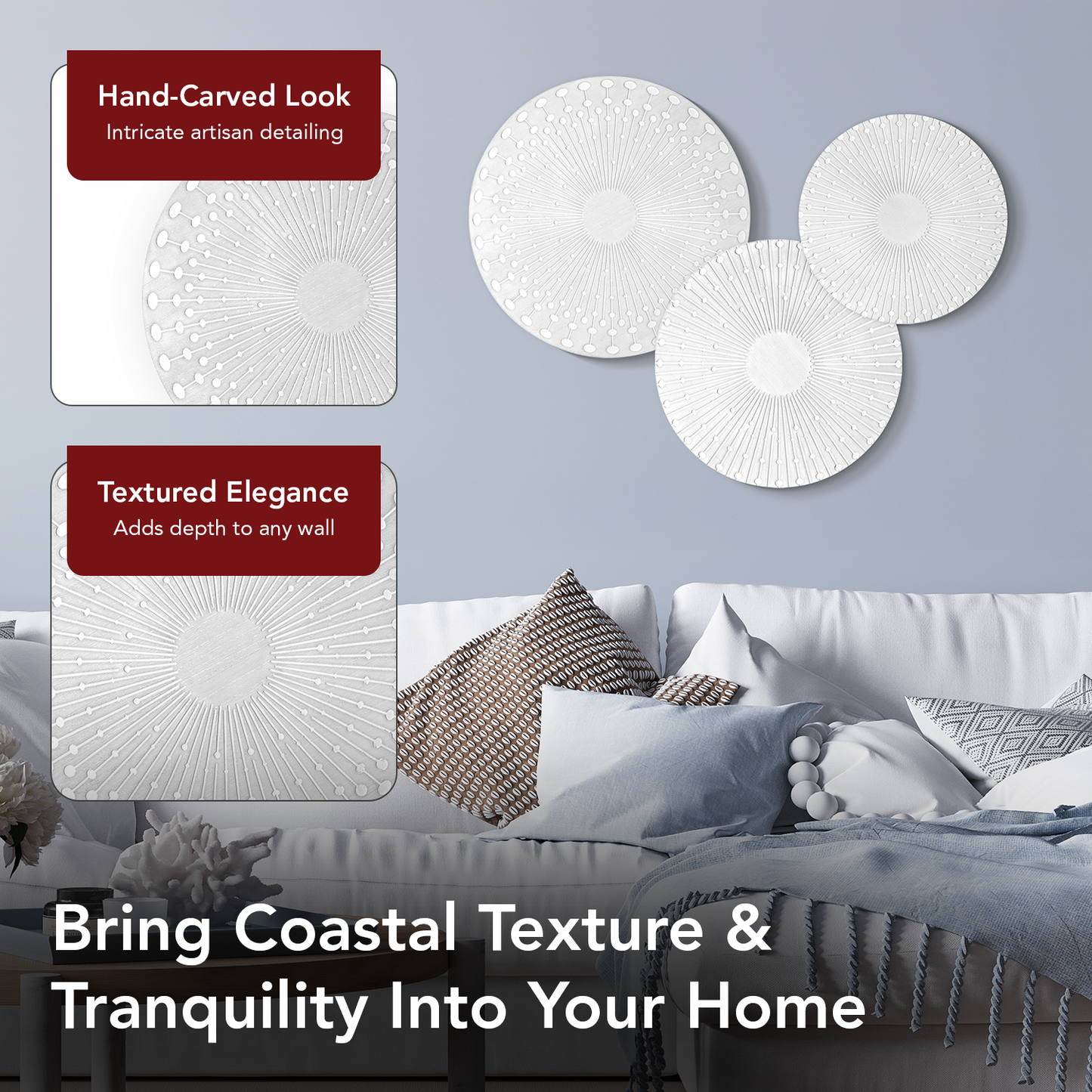 White Sunburst Carved Wall Plaques - 3 Piece Set