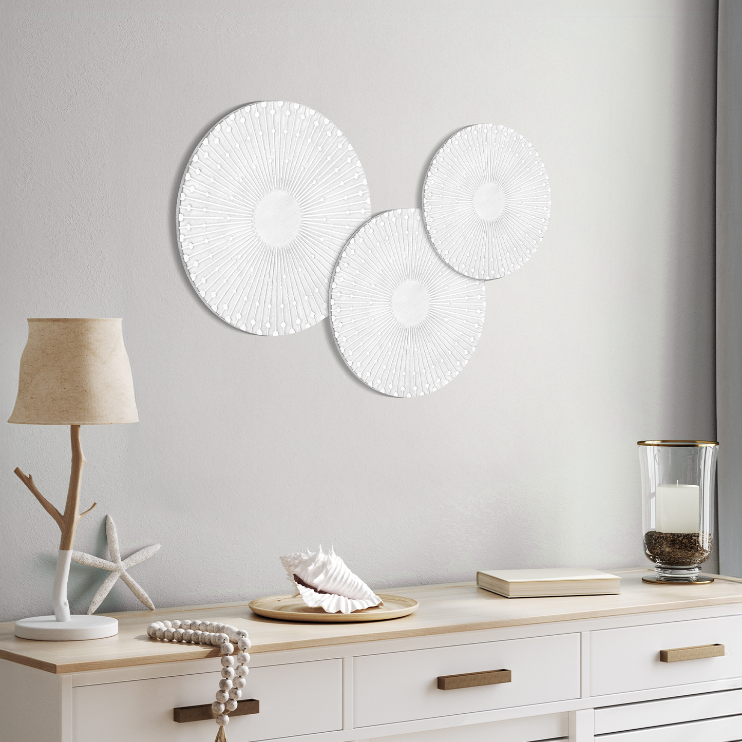 White Sunburst Carved Wall Plaques - 3 Piece Set