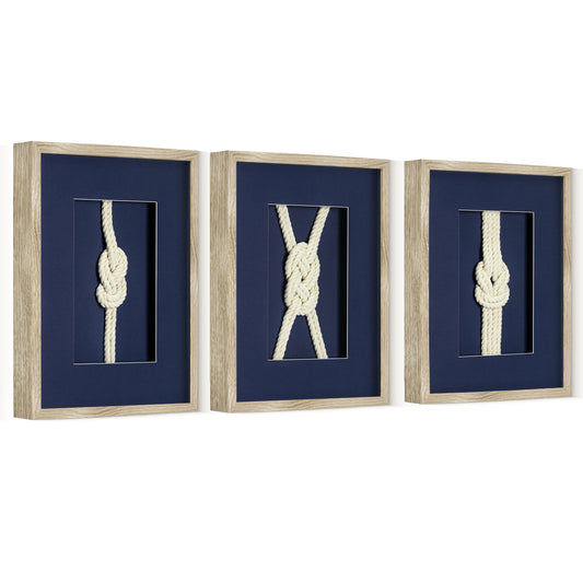 Nautical Rope Knot 3-Piece Framed Wall Art Decor Set - Navy Blue