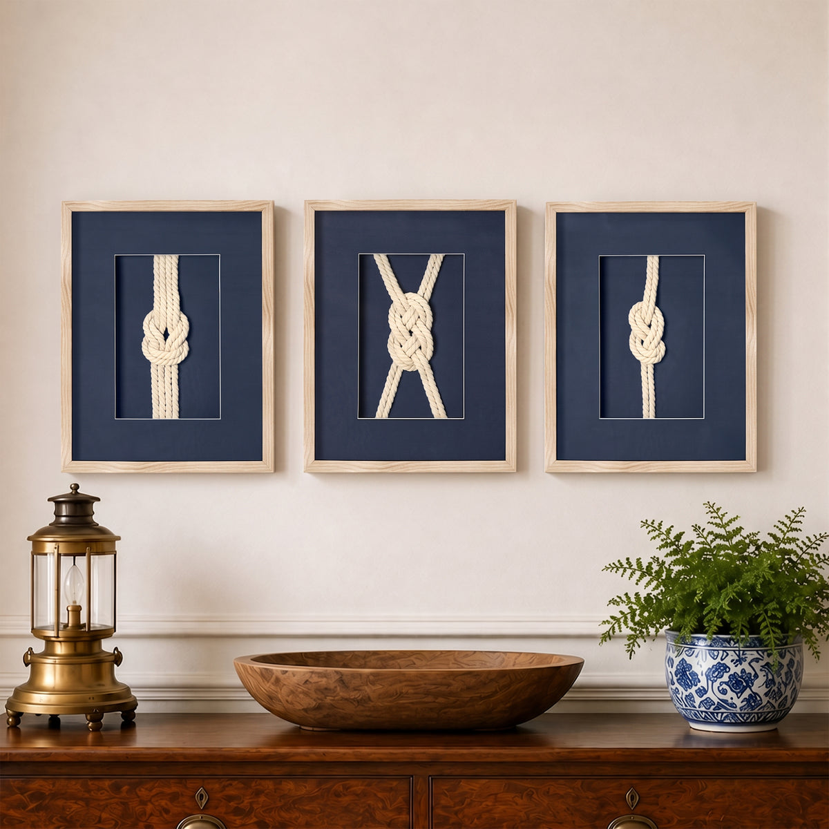 Nautical Rope Knot 3-Piece Framed Wall Art Decor Set - Navy Blue