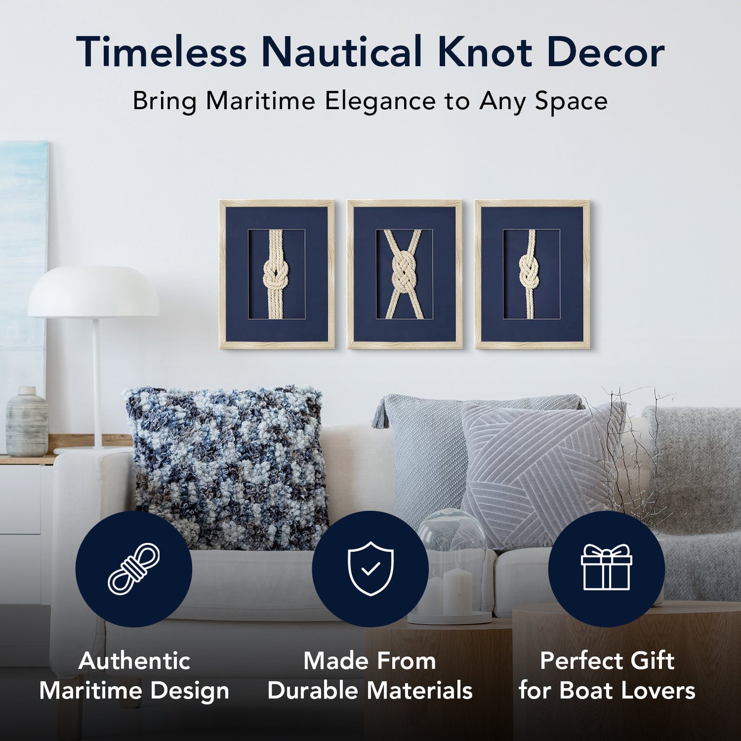 Nautical Rope Knot 3-Piece Framed Wall Art Decor Set - Navy Blue