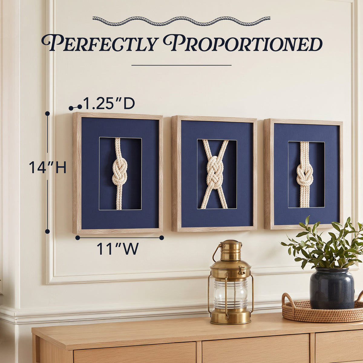 Nautical Rope Knot 3-Piece Framed Wall Art Decor Set - Navy Blue