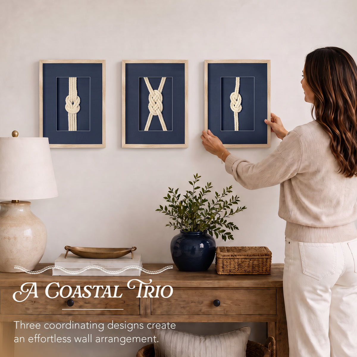 Nautical Rope Knot 3-Piece Framed Wall Art Decor Set - Navy Blue