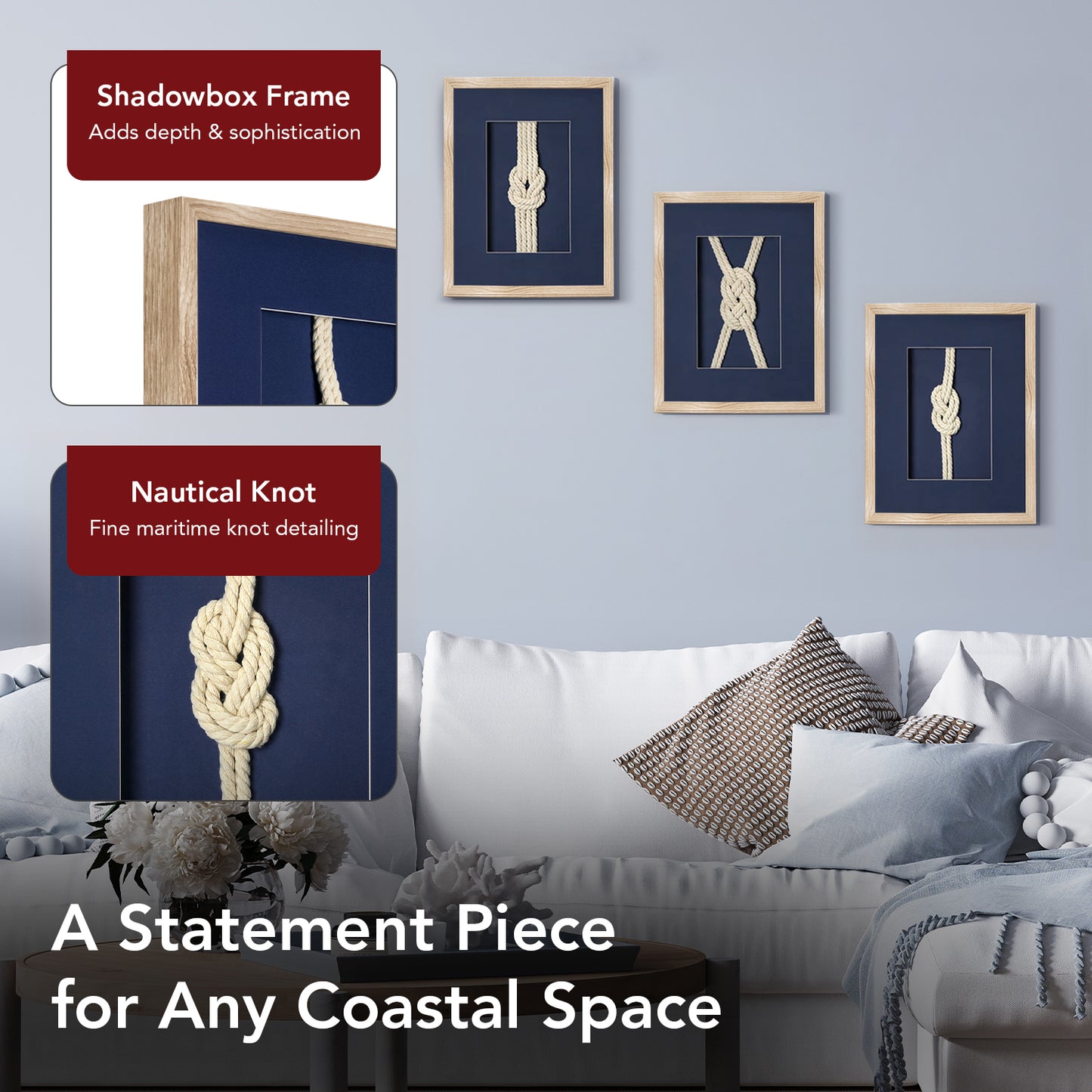Nautical Rope Knot 3-Piece Framed Wall Art Decor Set - Navy Blue