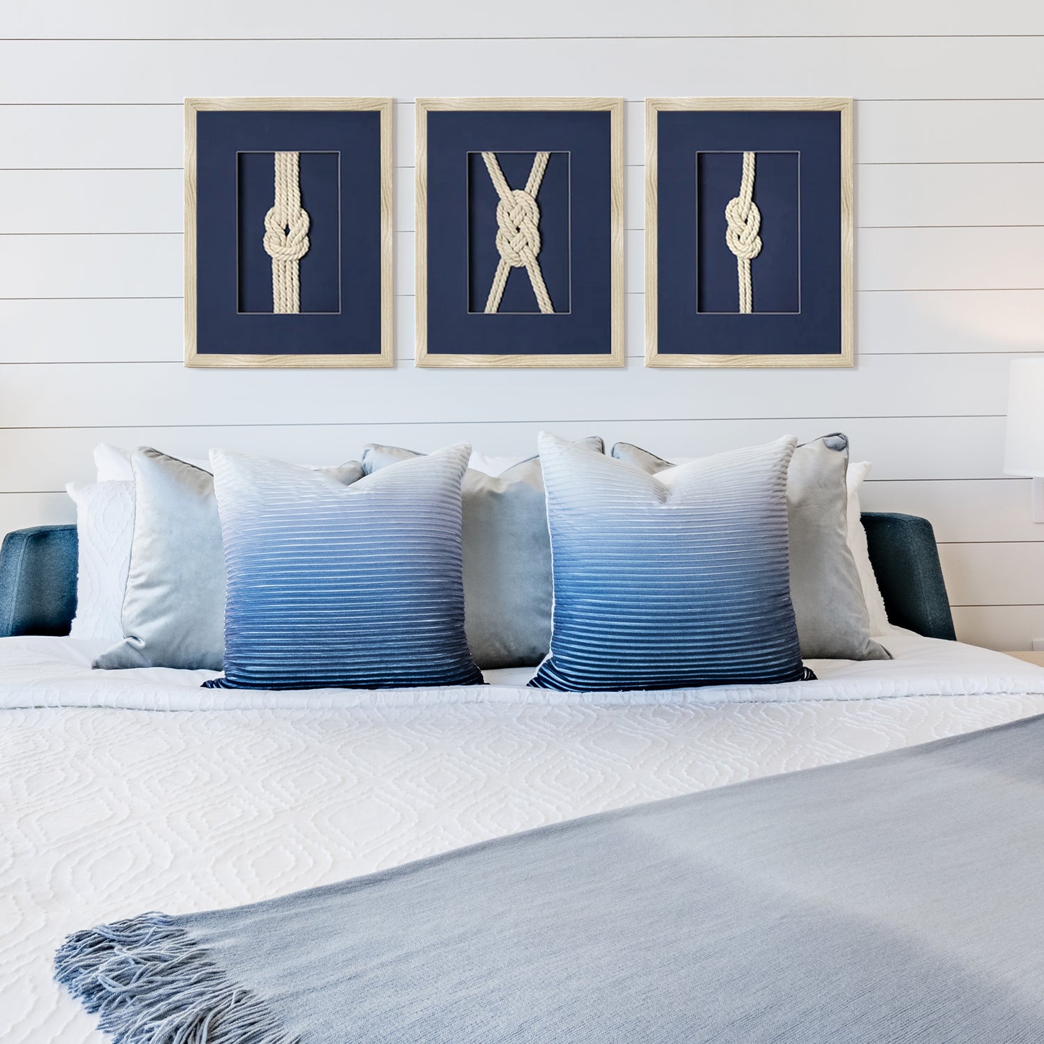 Nautical Rope Knot 3-Piece Framed Wall Art Decor Set - Navy Blue