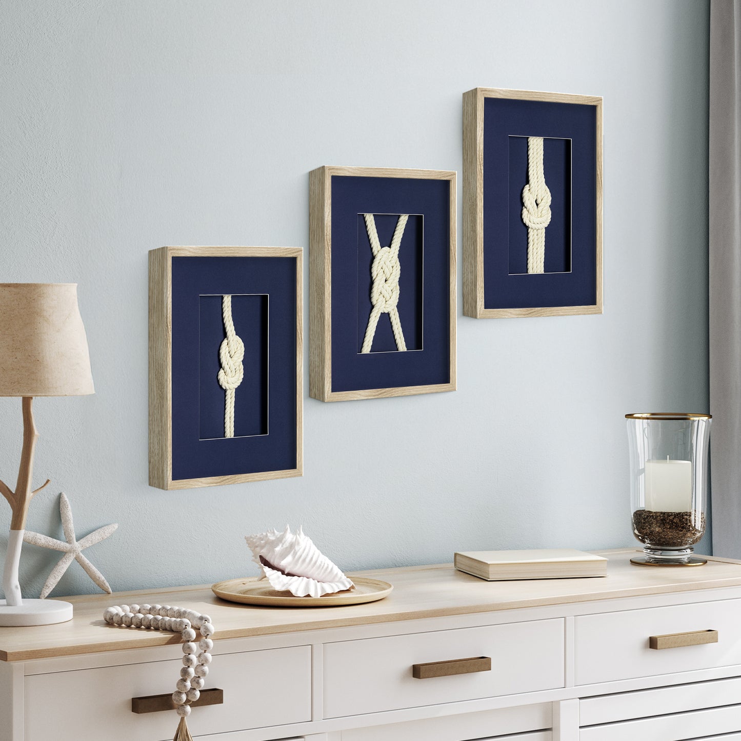Nautical Rope Knot 3-Piece Framed Wall Art Decor Set - Navy Blue