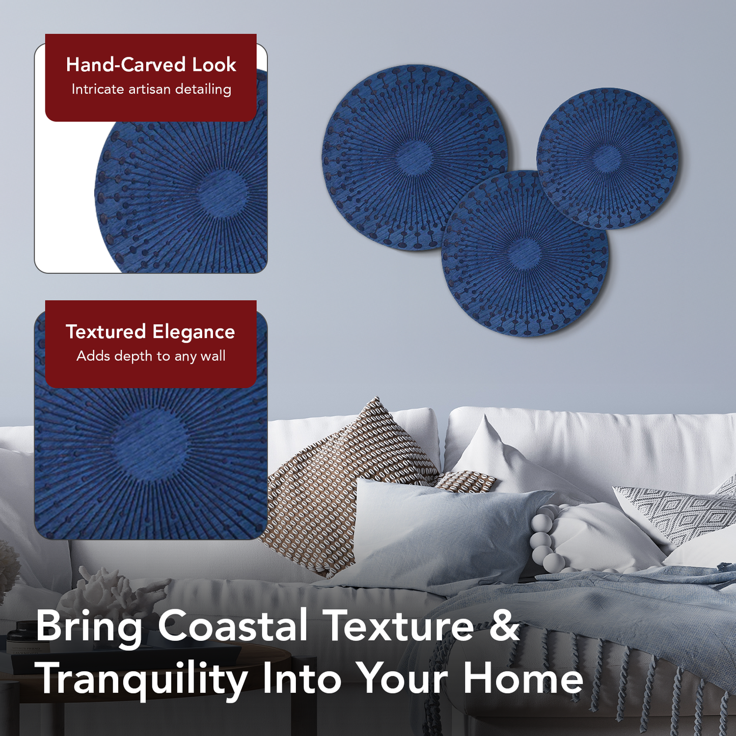 Indigo Sunburst Carved Wall Plaques - 3 Piece Set