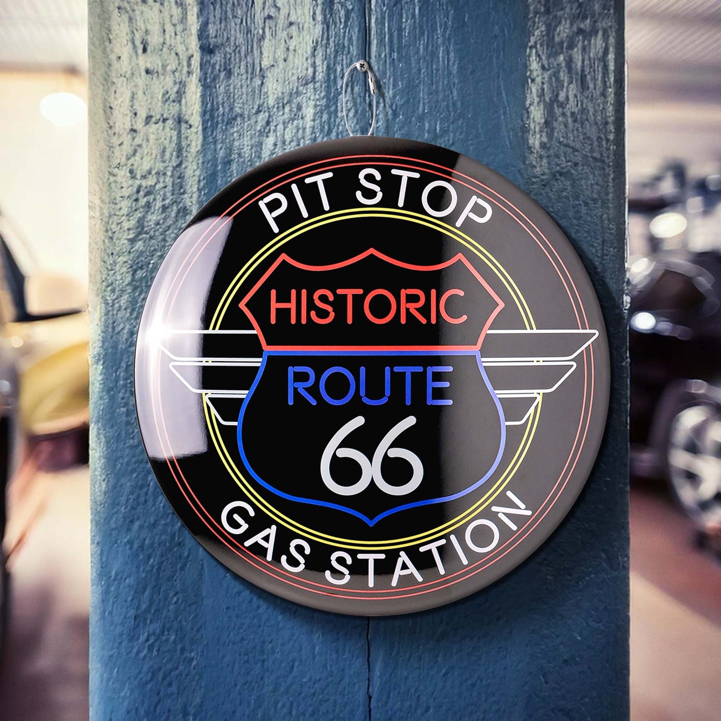 Route 66 Pit Stop Gas Station Round Dome Metal Sign - 15"