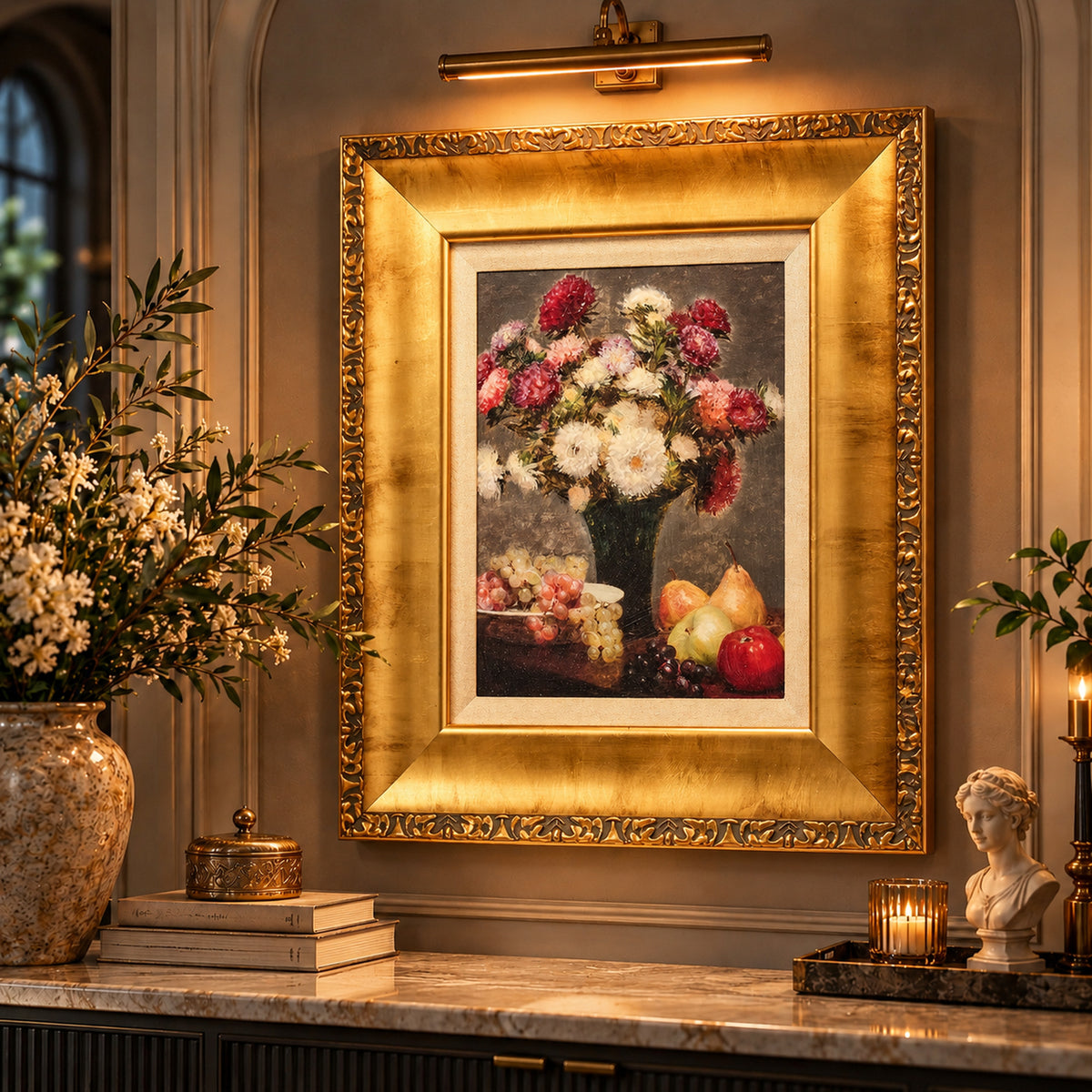 Ornate Framed Asters and Fruit Canvas Print by Henri Fantin-Latour 14.75" x 16.75"