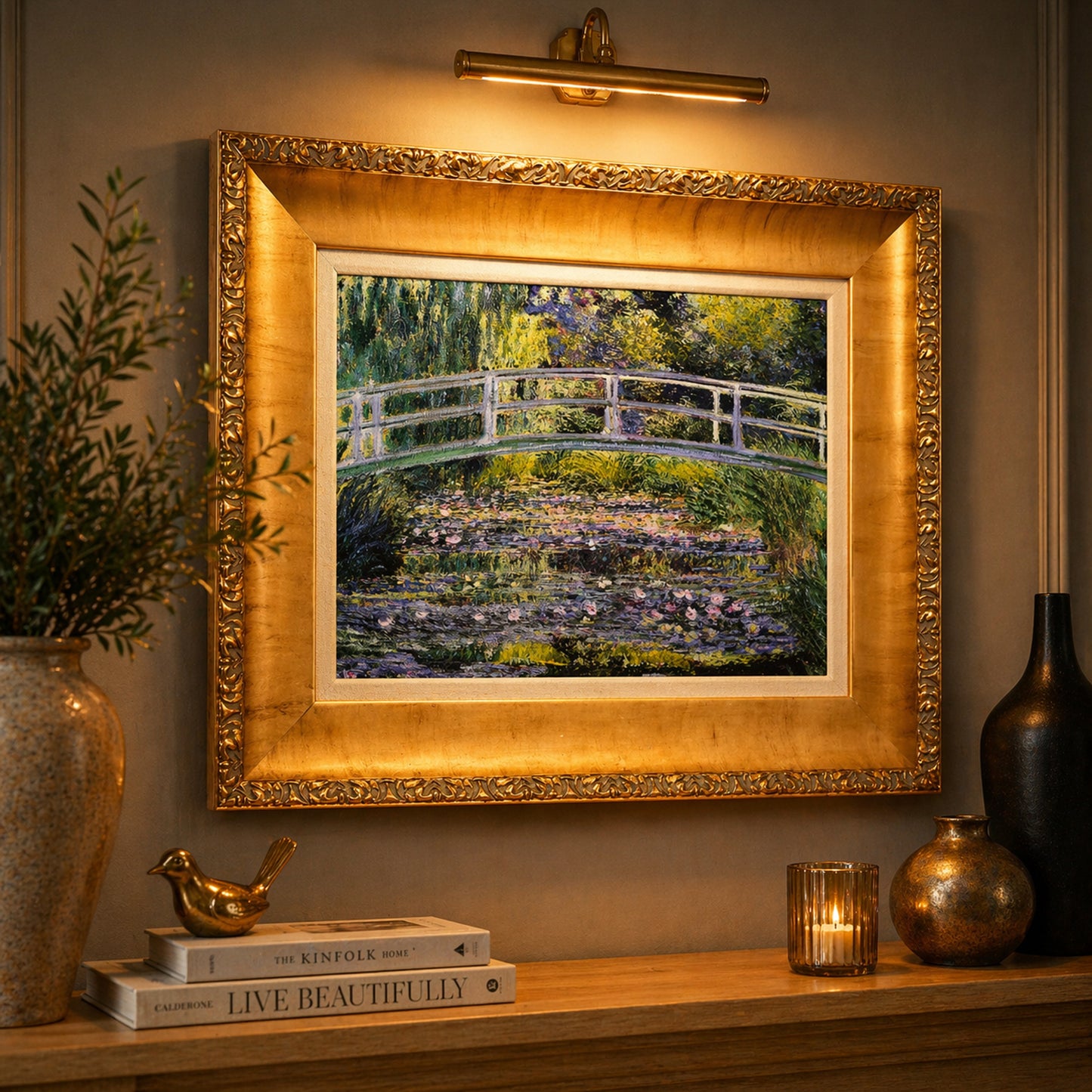 Ornate Framed Water Lilies and Japanese Bridge Canvas Print by Claude Monet 22.75" x 18.75"