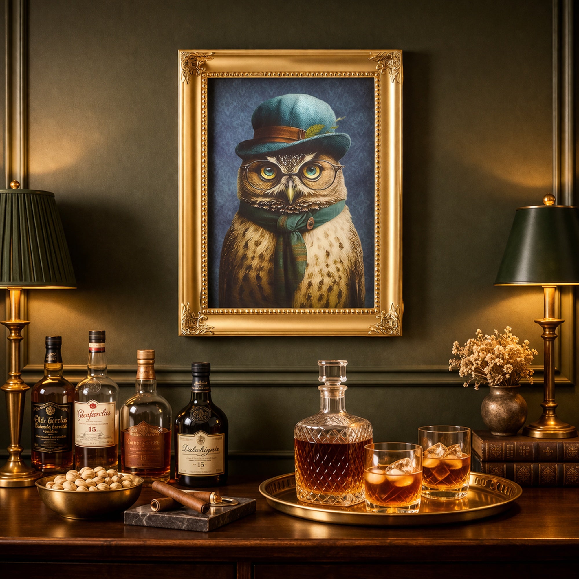 Old Wise Owl Ornate Framed Bar Wall Decor