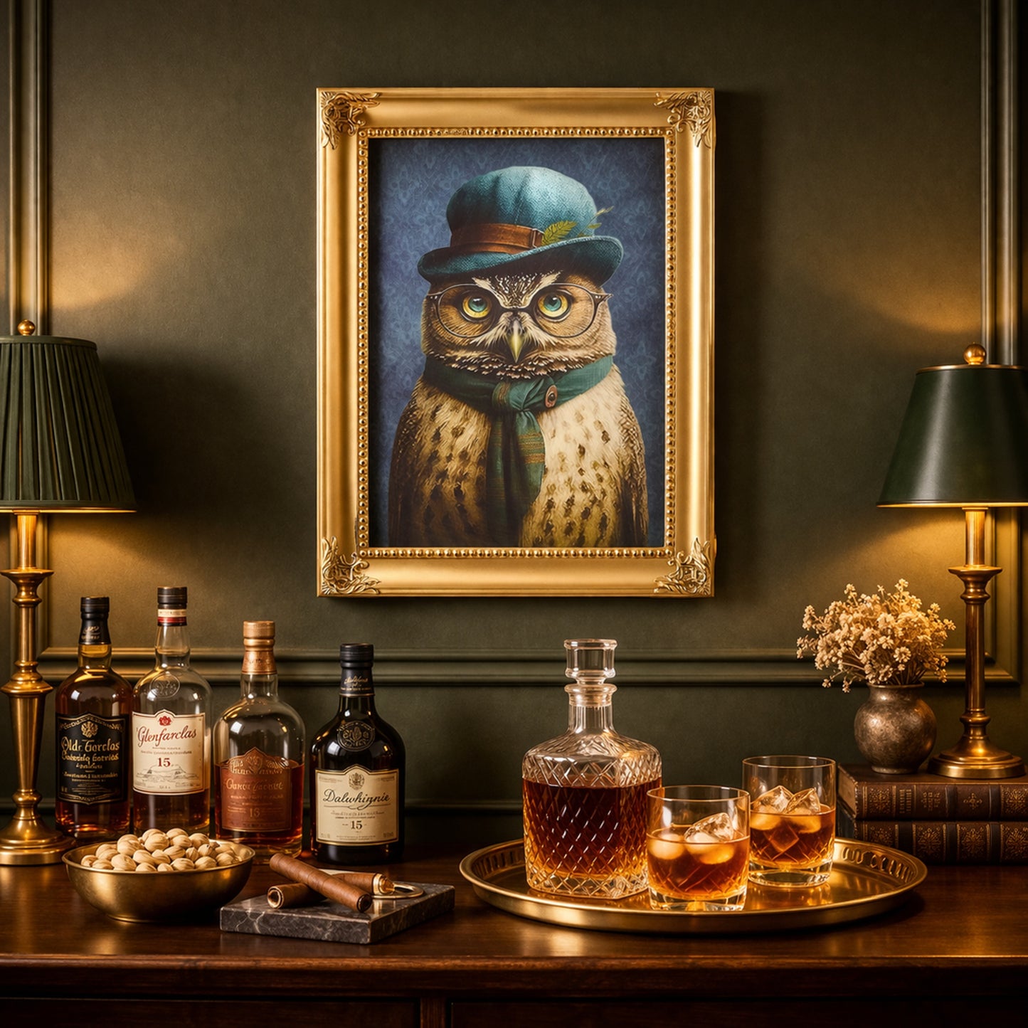 Old Wise Owl Ornate Framed Bar Wall Decor