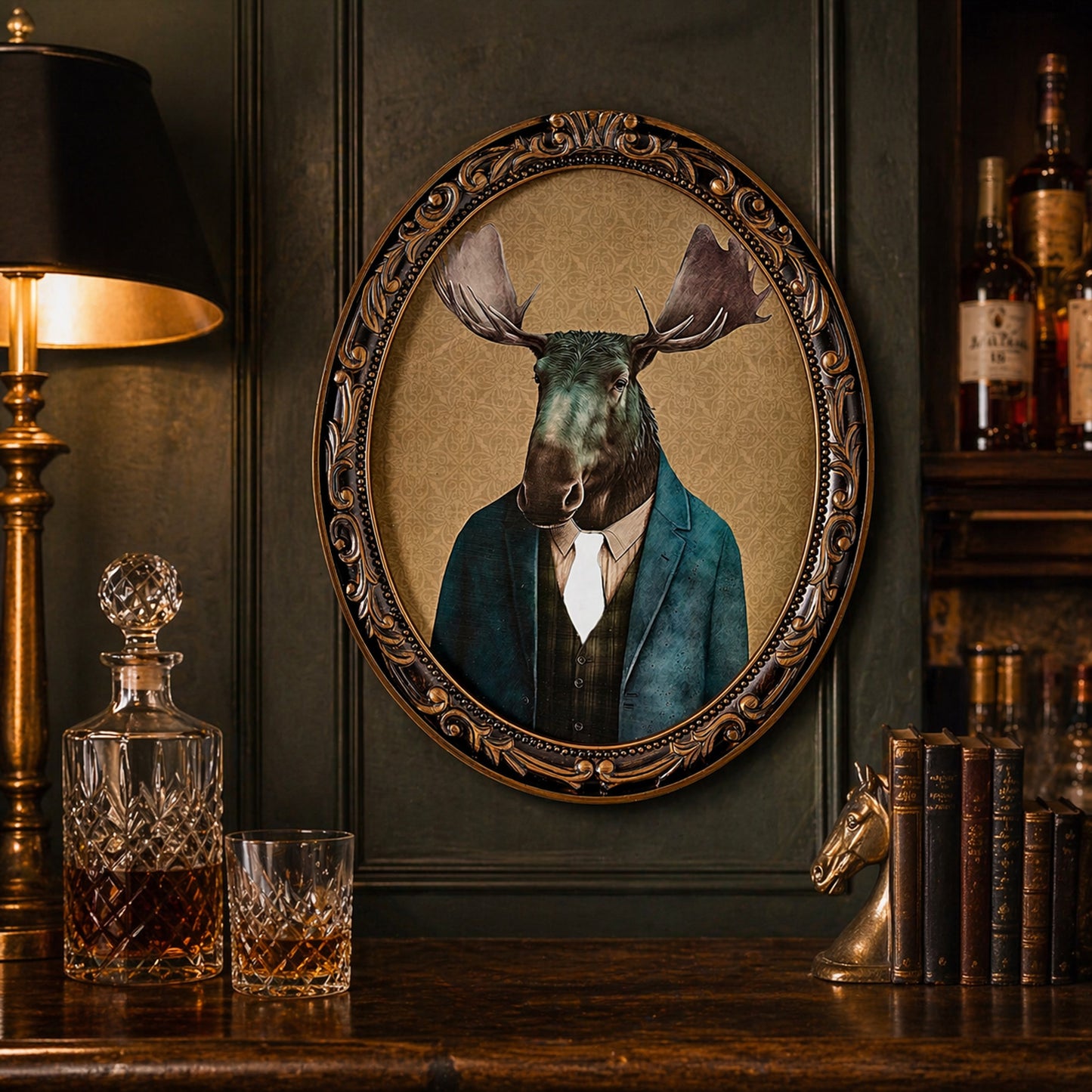 Down to Business Moose Ornate Oval Framed Bar Wall Decor
