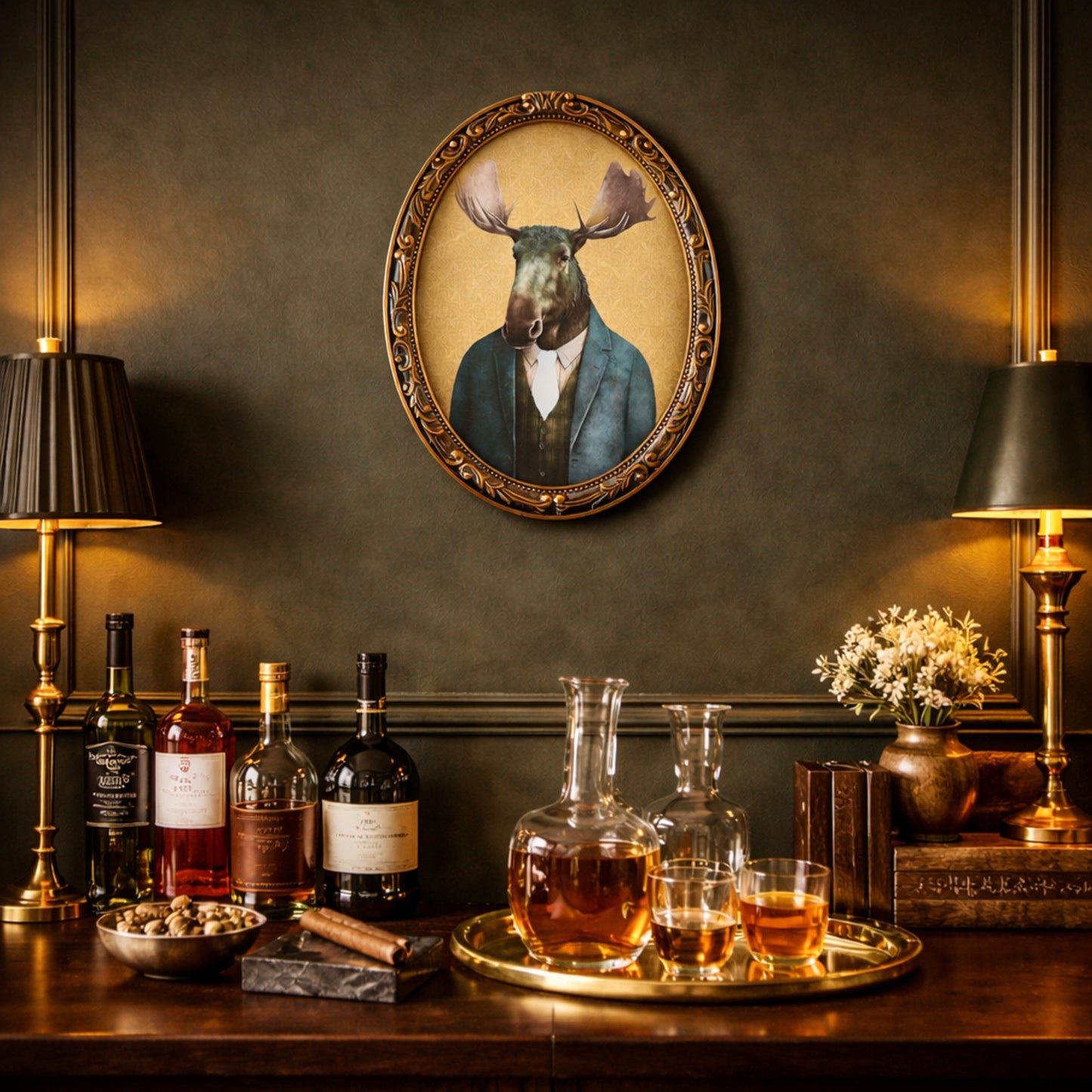 Down to Business Moose Ornate Oval Framed Bar Wall Decor