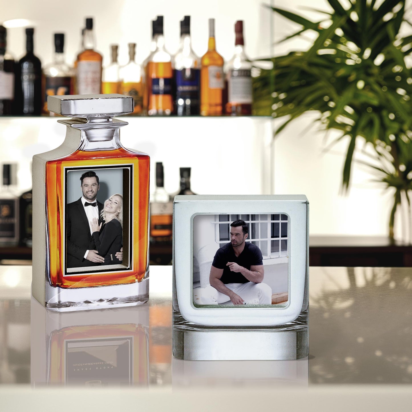 Whiskey Bottle and Glass Tumbler Photo Frame, 2 Piece Set