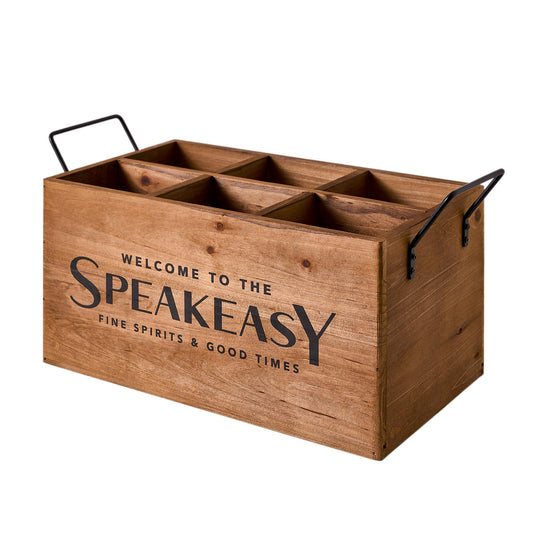 The Speakeasy Wood Crate Bottle Holder with Metal Handles - 7" H x 14" L x 8" D