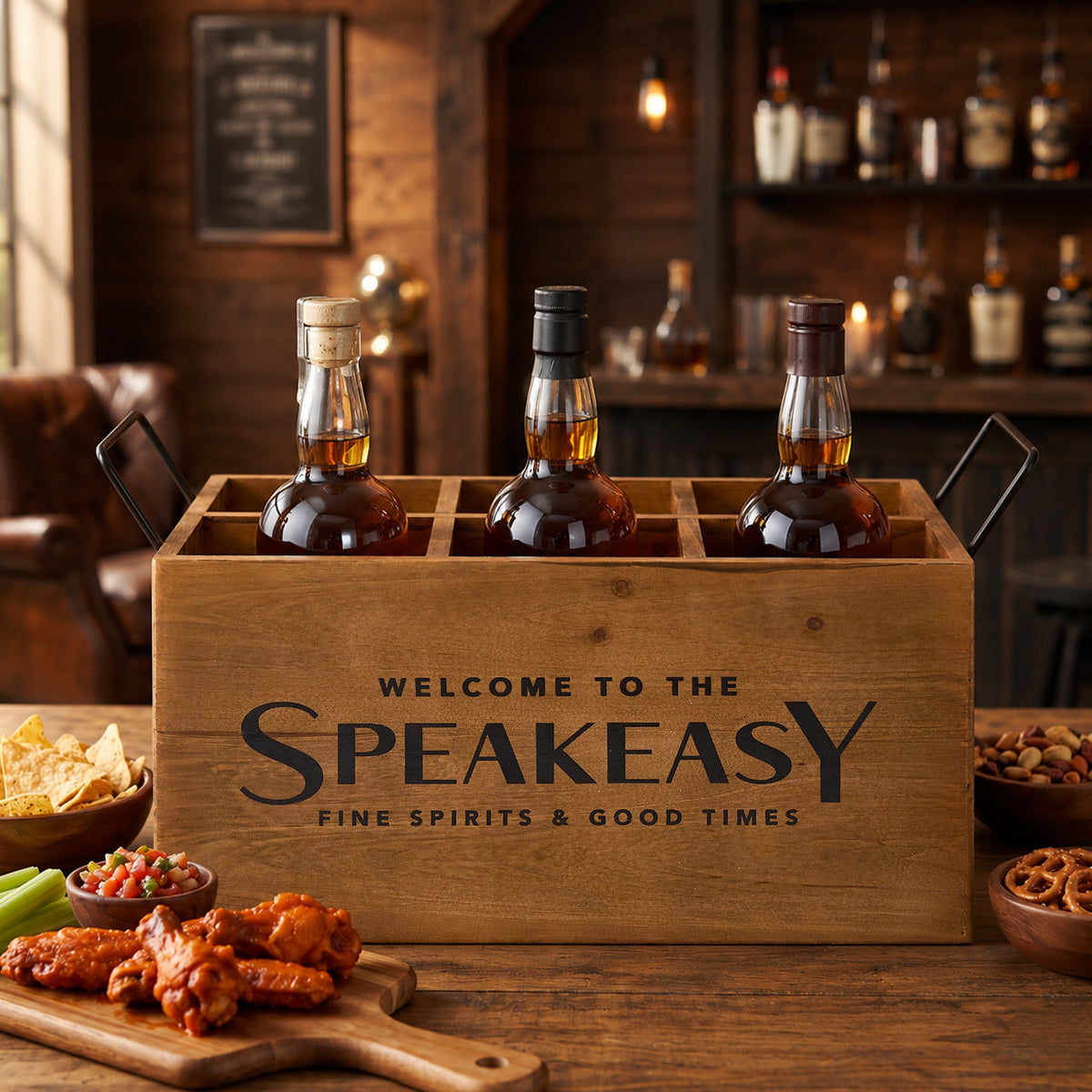 Speakeasy 6-Bottle Wood Crate with Metal Handles