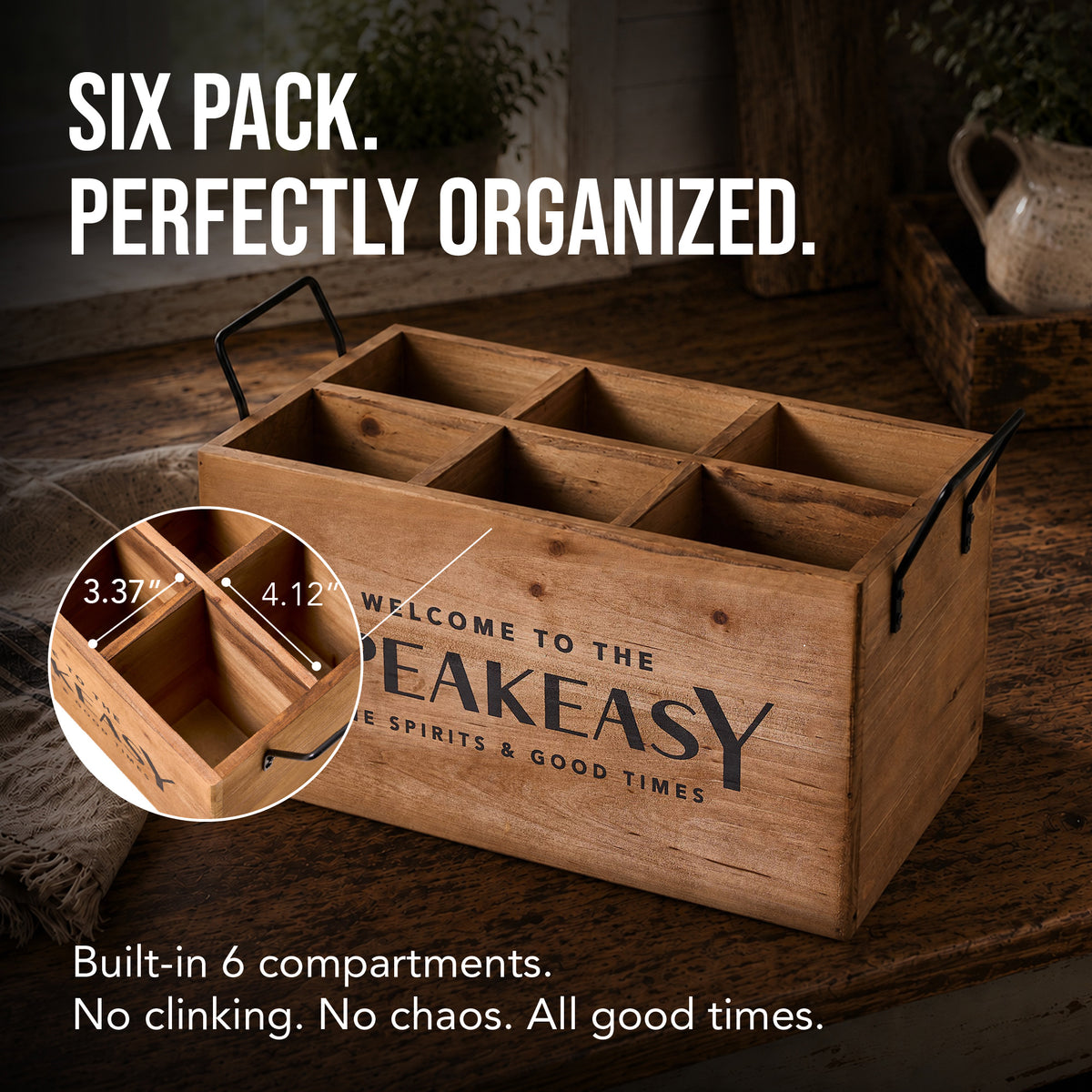 Speakeasy 6-Bottle Wood Crate with Metal Handles