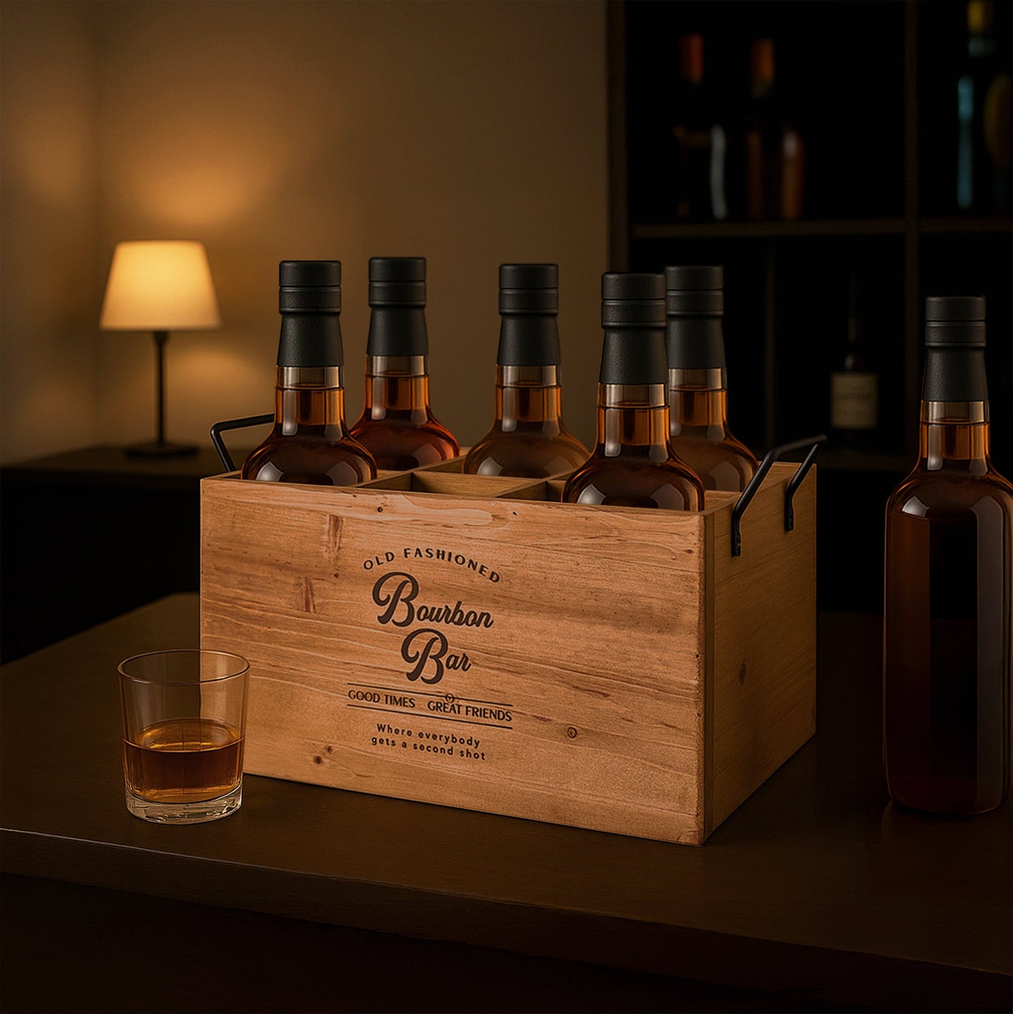 Black bourbon-themed wooden six-bottle crate with six divided compartments, distressed white vintage lettering, open top, and two metal side handles for rustic home bar storage.