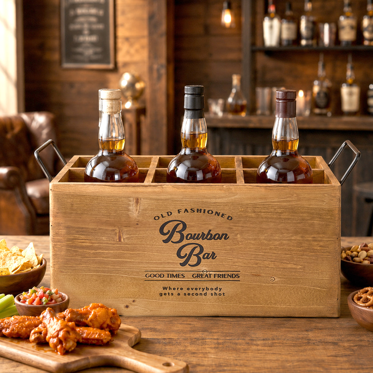 Bourbon Bar Wooden 6-Bottle Crate with Metal Handles