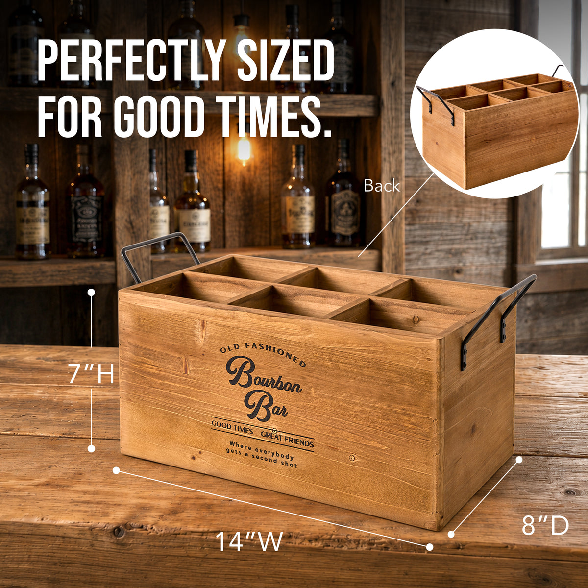 Bourbon Bar Wooden 6-Bottle Crate with Metal Handles