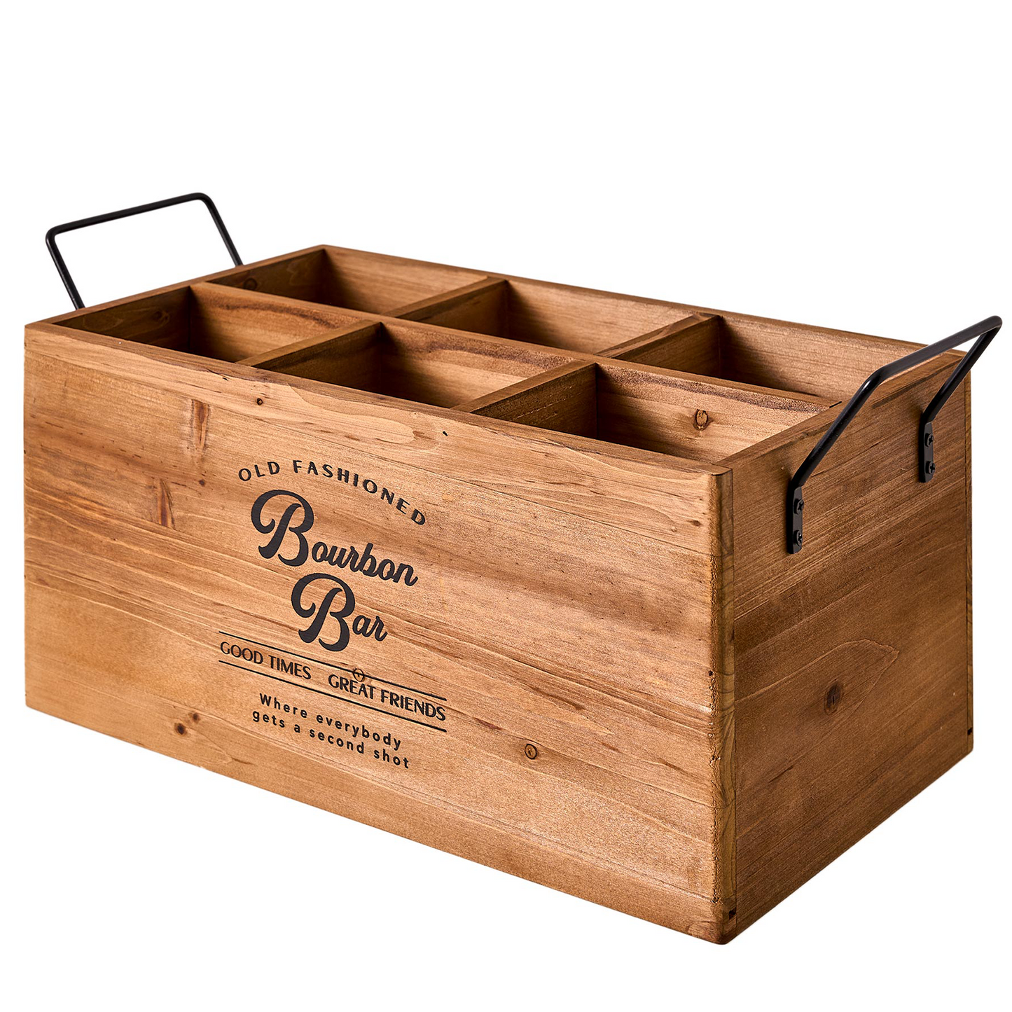Black bourbon-themed wooden six-bottle crate with six divided compartments, distressed white vintage lettering, open top, and two metal side handles for rustic home bar storage.