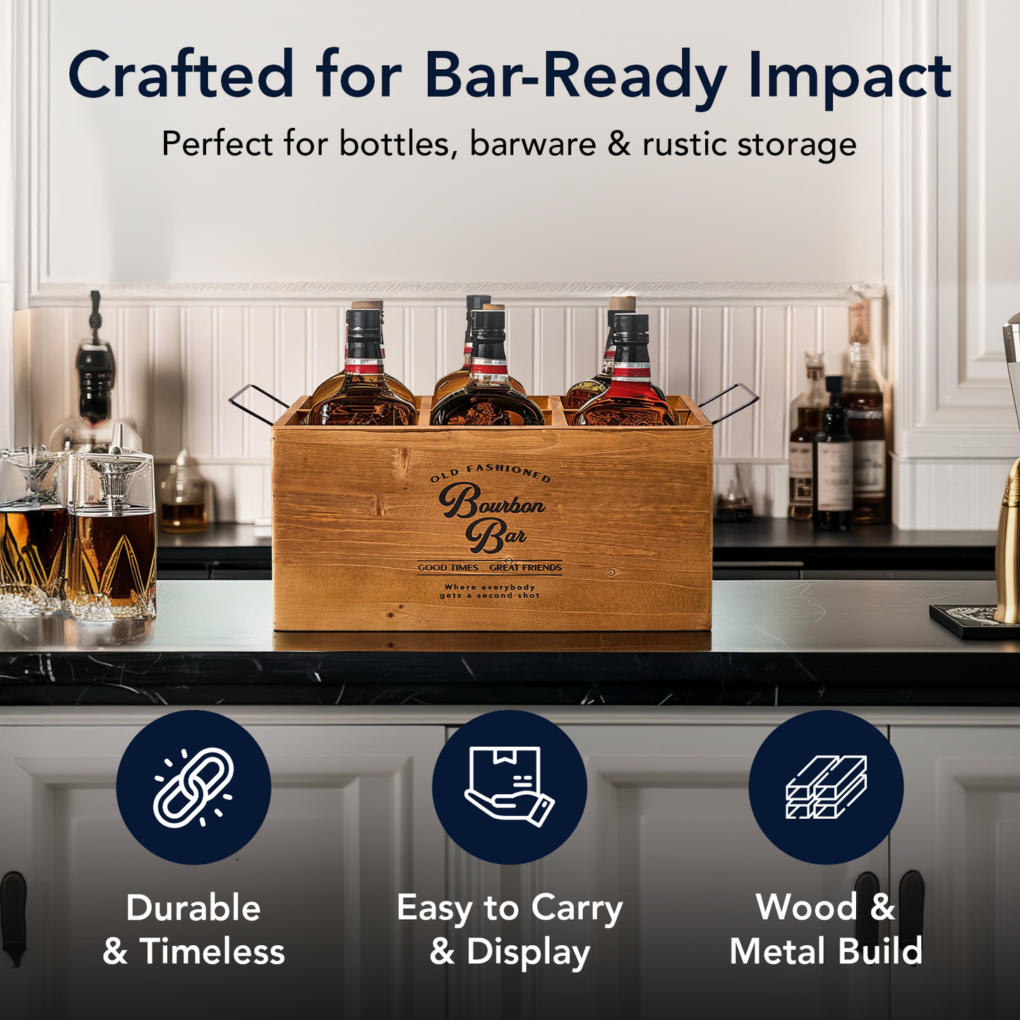 Black bourbon-themed wooden six-bottle crate with six divided compartments, distressed white vintage lettering, open top, and two metal side handles for rustic home bar storage.