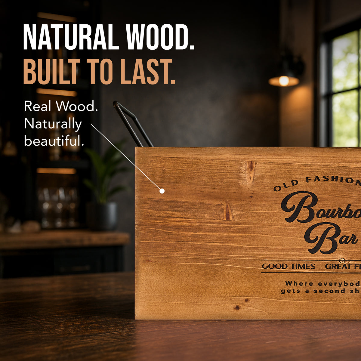 Bourbon Bar Wooden 6-Bottle Crate with Metal Handles