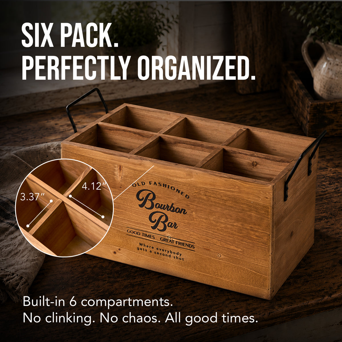 Bourbon Bar Wooden 6-Bottle Crate with Metal Handles