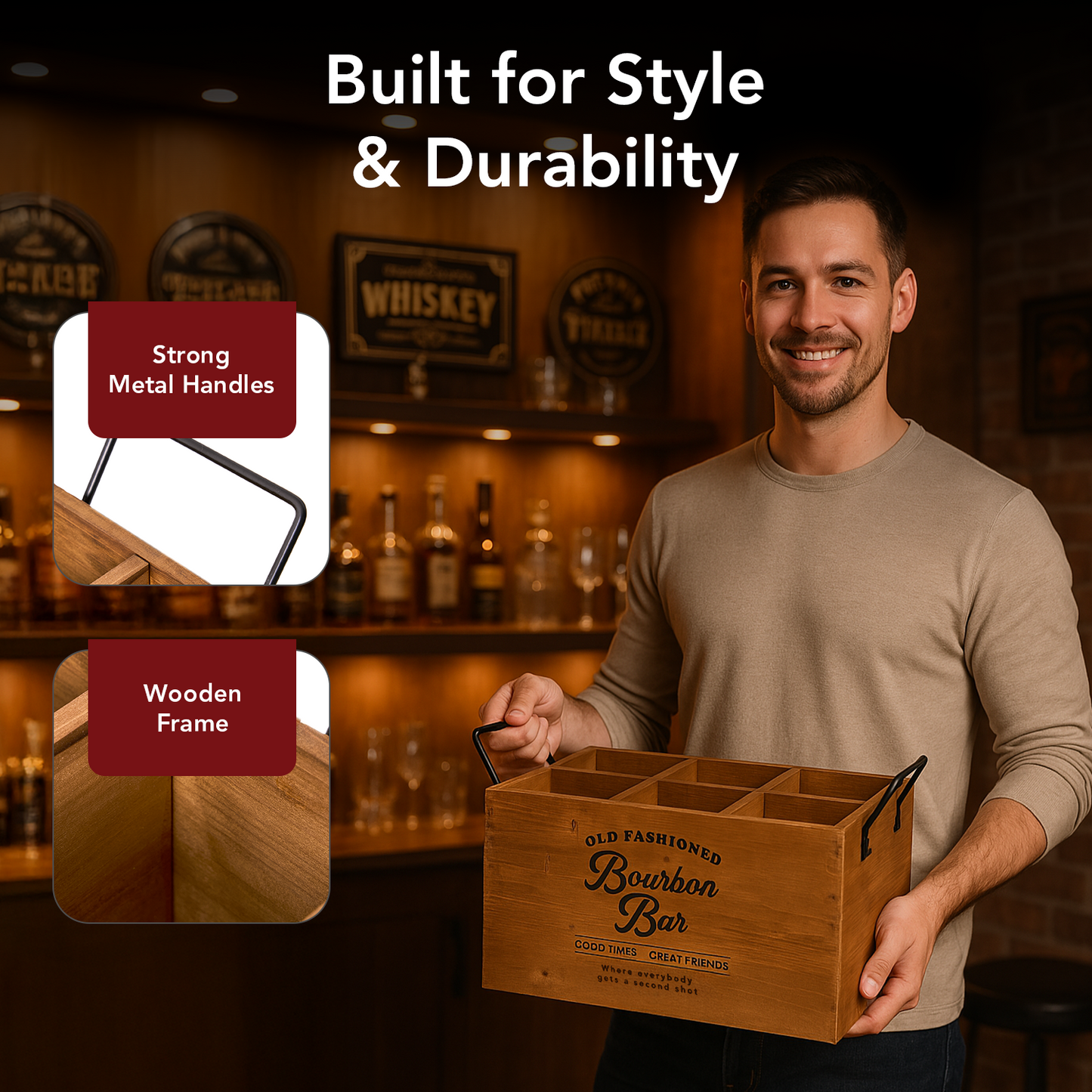 Black bourbon-themed wooden six-bottle crate with six divided compartments, distressed white vintage lettering, open top, and two metal side handles for rustic home bar storage.
