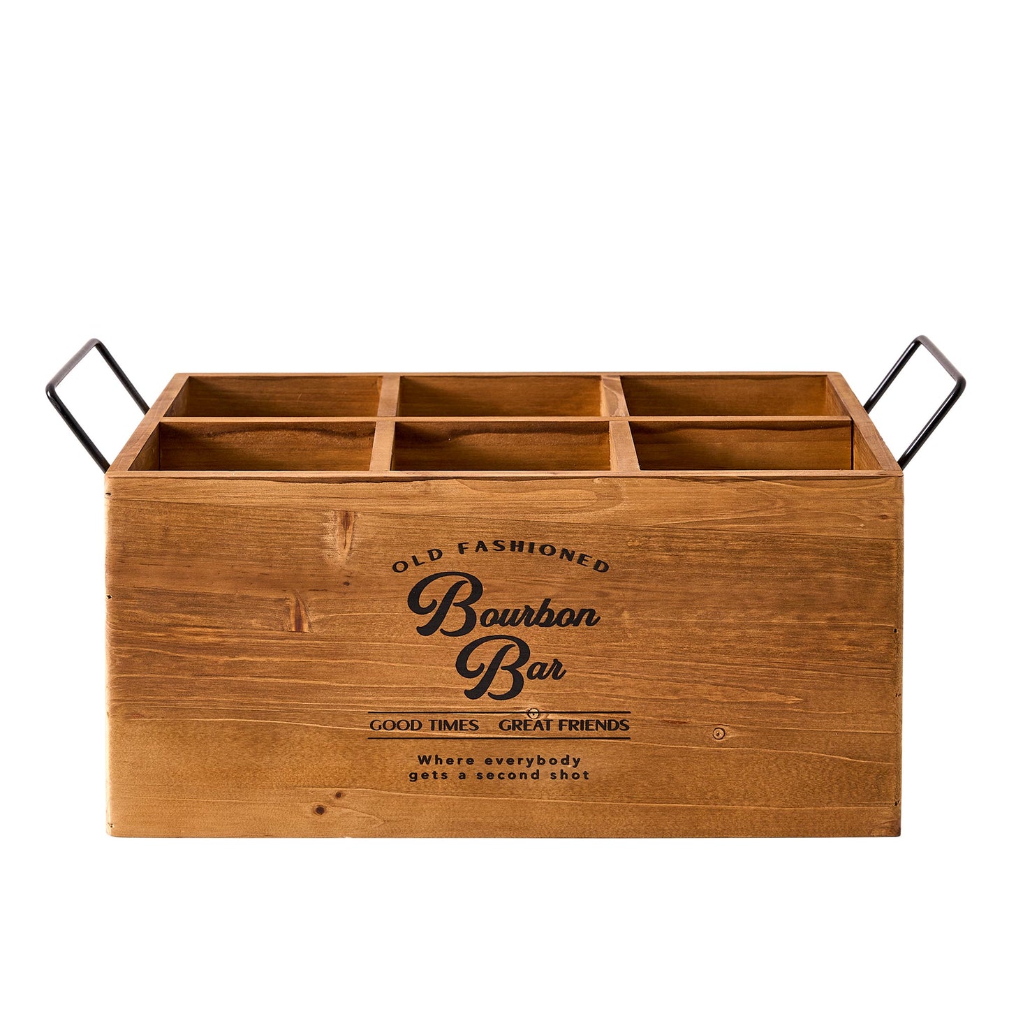 The Bourbon Bar Wood Crate Bottle Holder with Metal Handles - 7" H x 14" L x 8" D