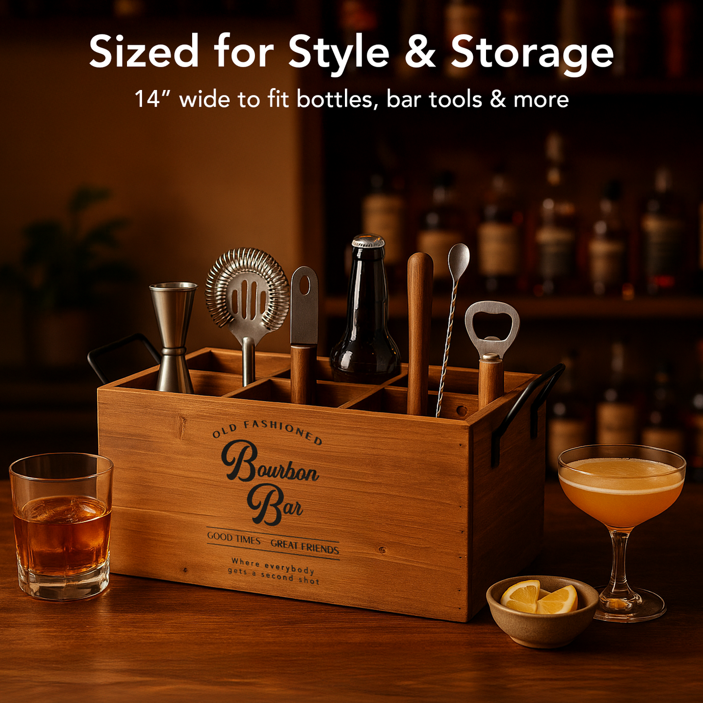 Black bourbon-themed wooden six-bottle crate with six divided compartments, distressed white vintage lettering, open top, and two metal side handles for rustic home bar storage.