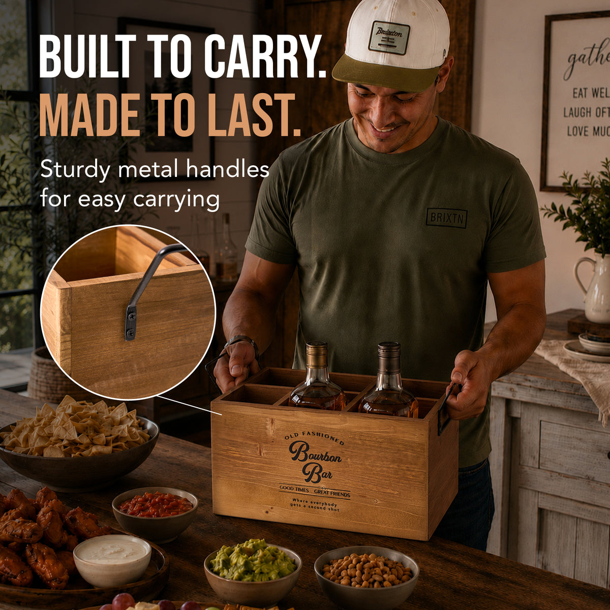 Bourbon Bar Wooden 6-Bottle Crate with Metal Handles