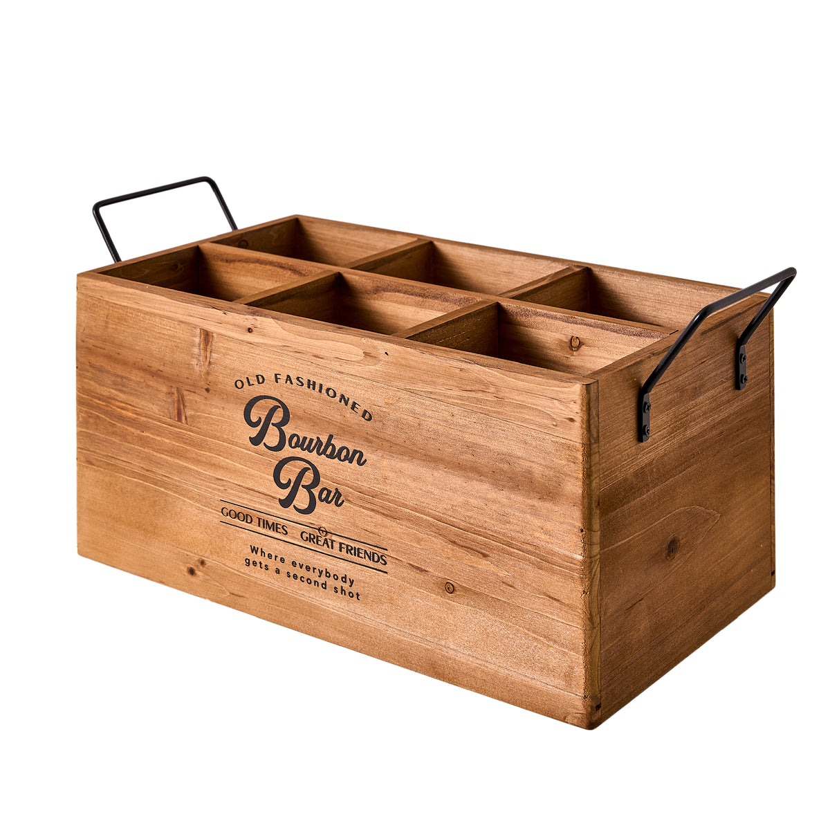 Bourbon Bar Wooden 6-Bottle Crate with Metal Handles