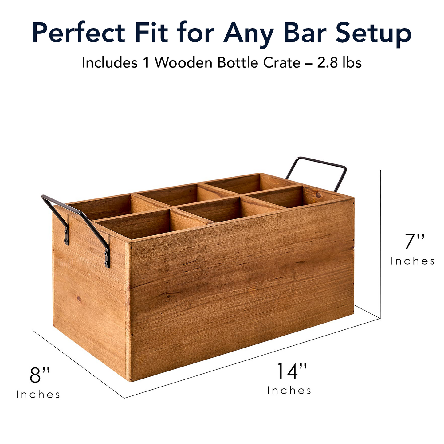 Black bourbon-themed wooden six-bottle crate with six divided compartments, distressed white vintage lettering, open top, and two metal side handles for rustic home bar storage.
