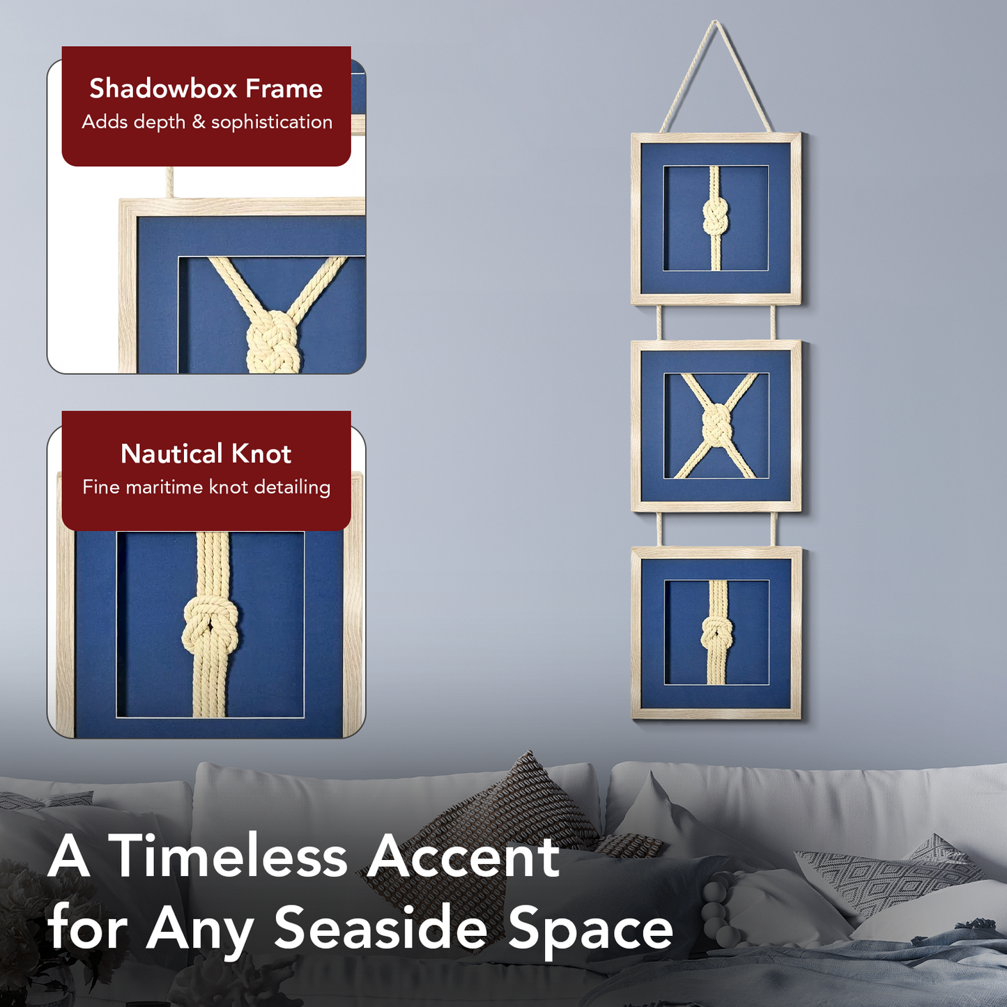 Naut Shore Framed Nautical Knots Vertical Hanging Wall Decor - 53" x 13"