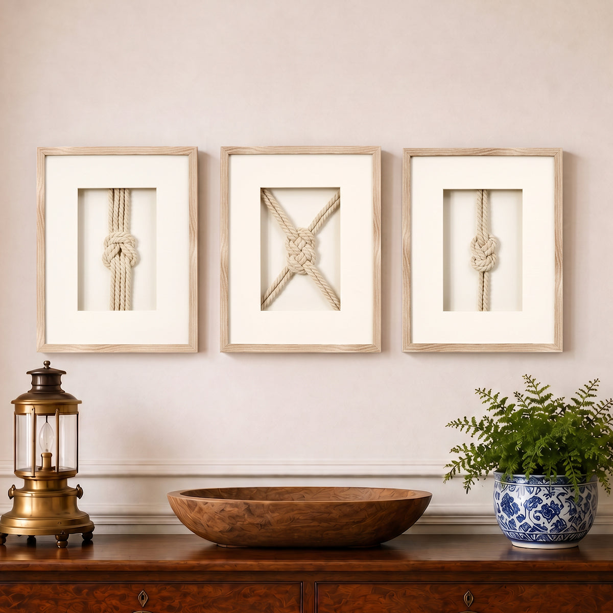 Nautical Rope Knot 3-Piece Framed Wall Art Decor Set - Natural Beige