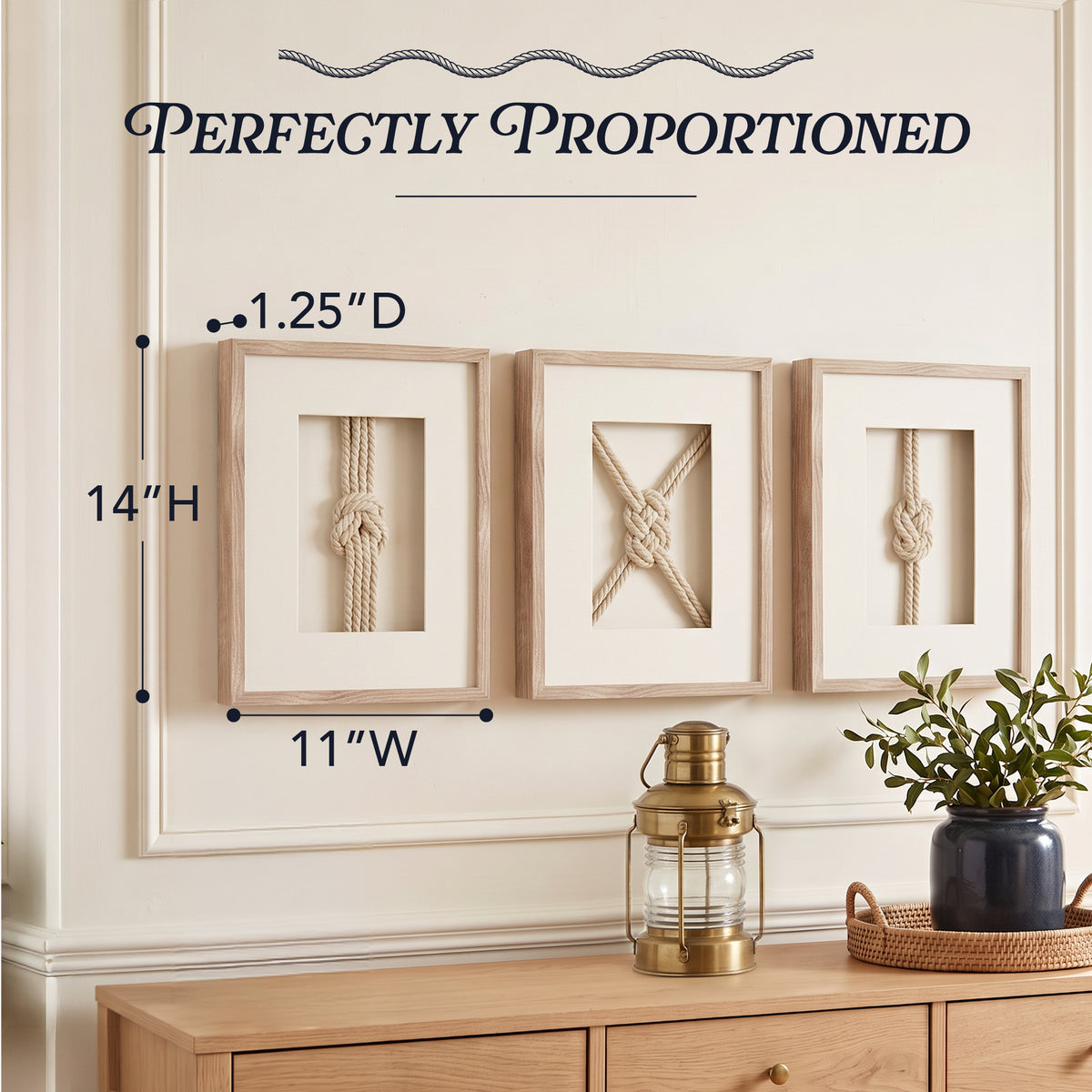 Nautical Rope Knot 3-Piece Framed Wall Art Decor Set - Natural Beige