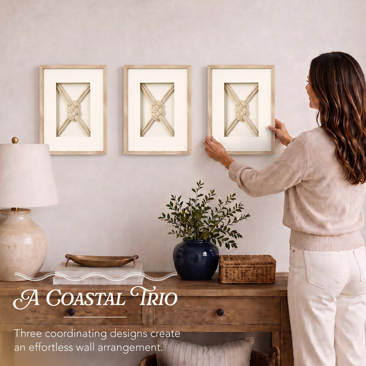 Nautical Rope Knot 3-Piece Framed Wall Art Decor Set - Natural Beige