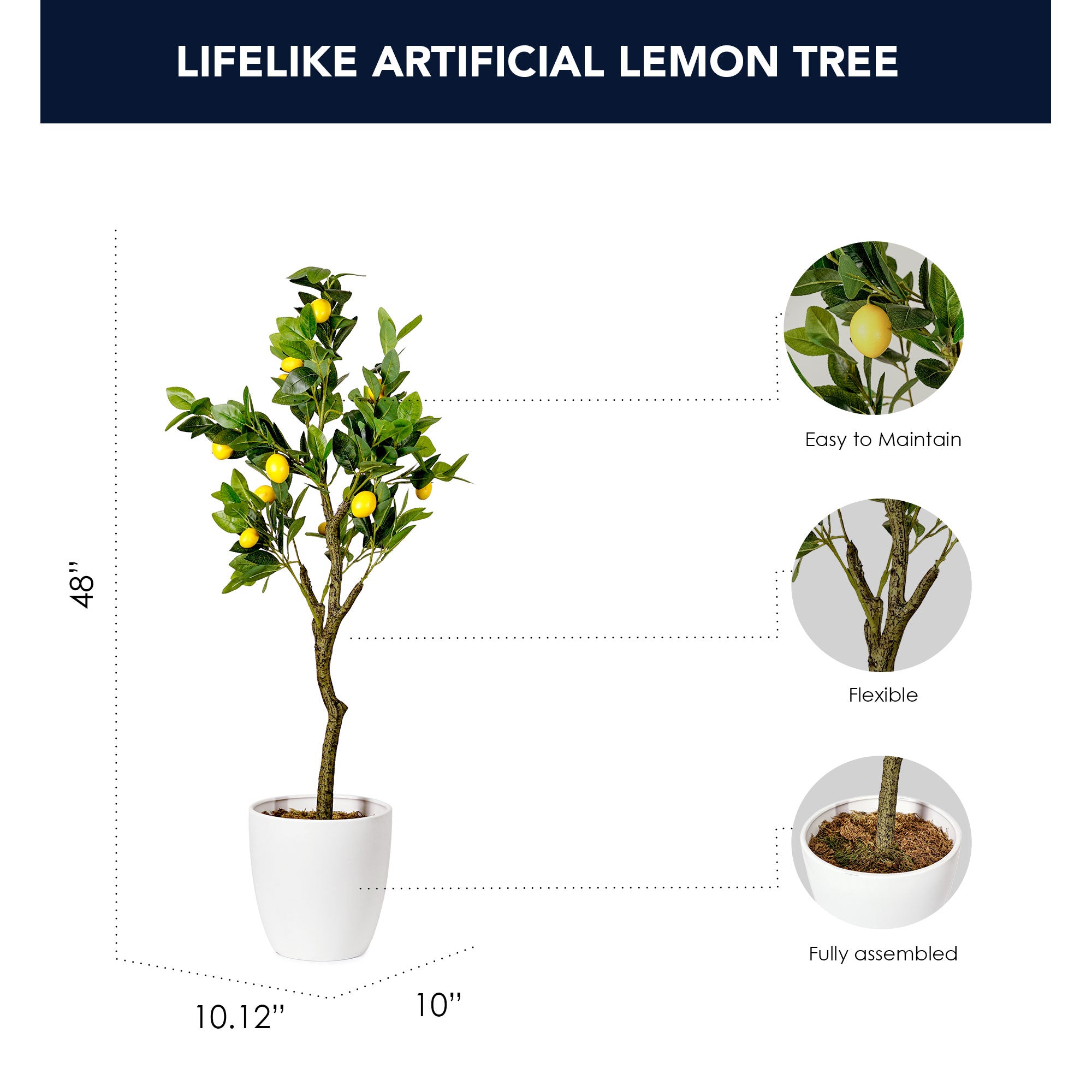 Artificial Lemon Tree in White Tapered Ceramic Pot - 48
