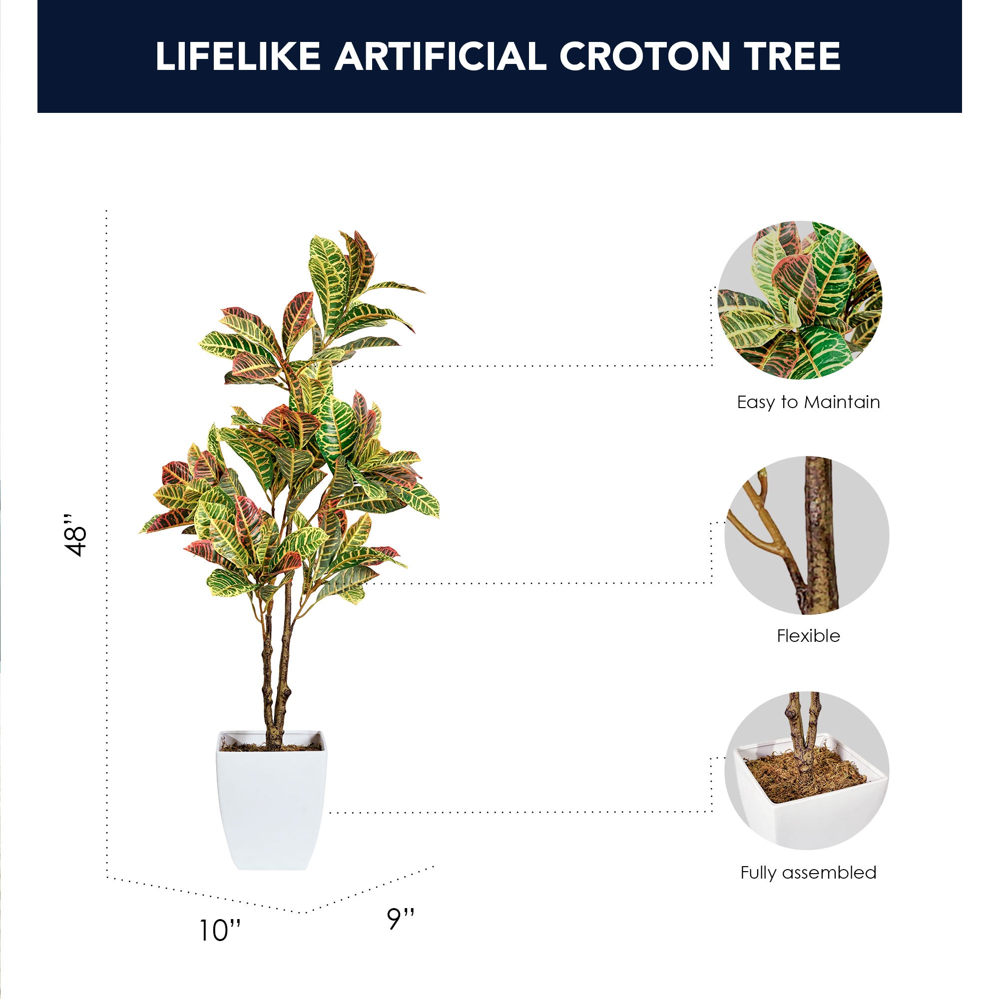 Artificial Croton Tree in White Square Ceramic Pot - 48