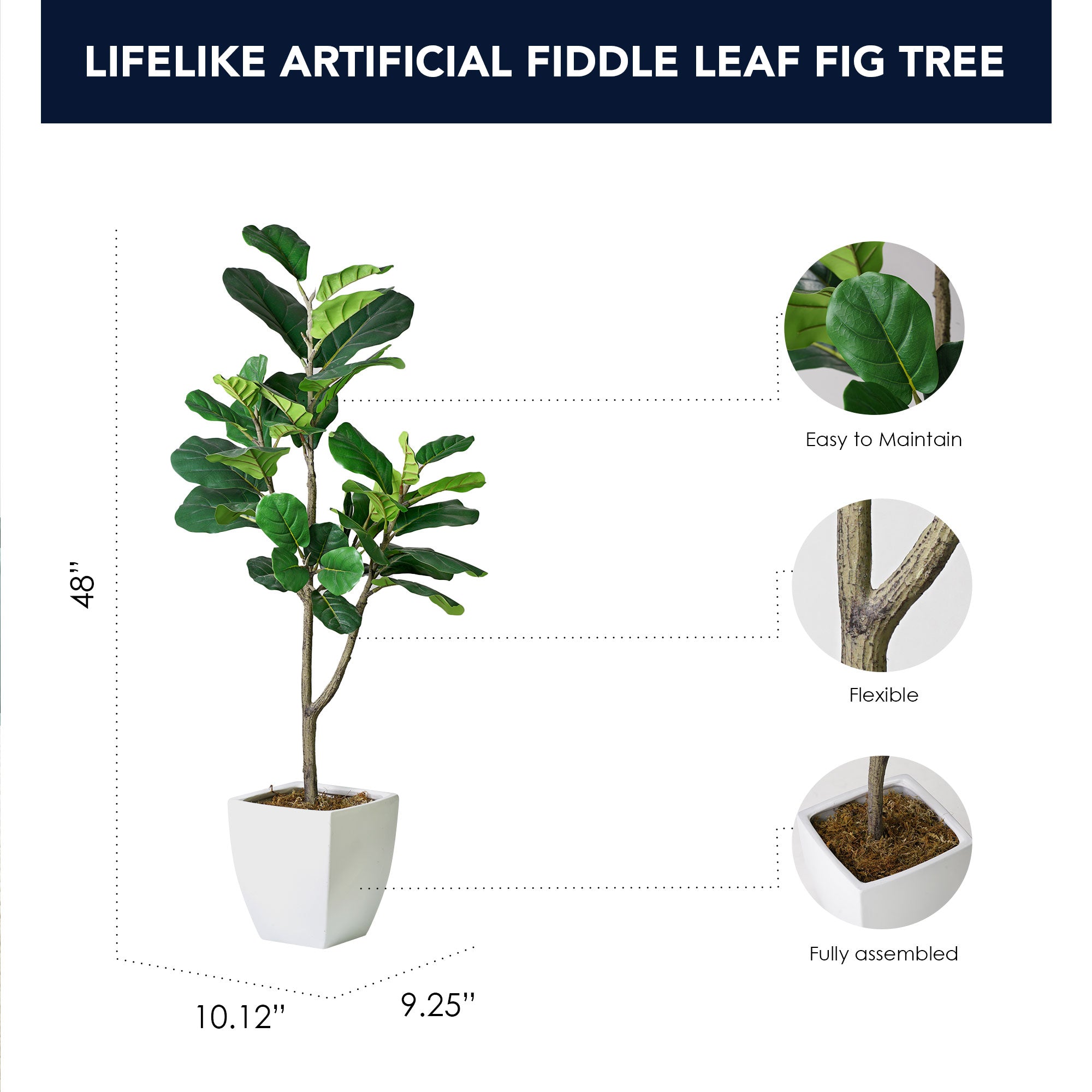 Artificial Fiddle Fig Tree in White Square Ceramic Pot - 48
