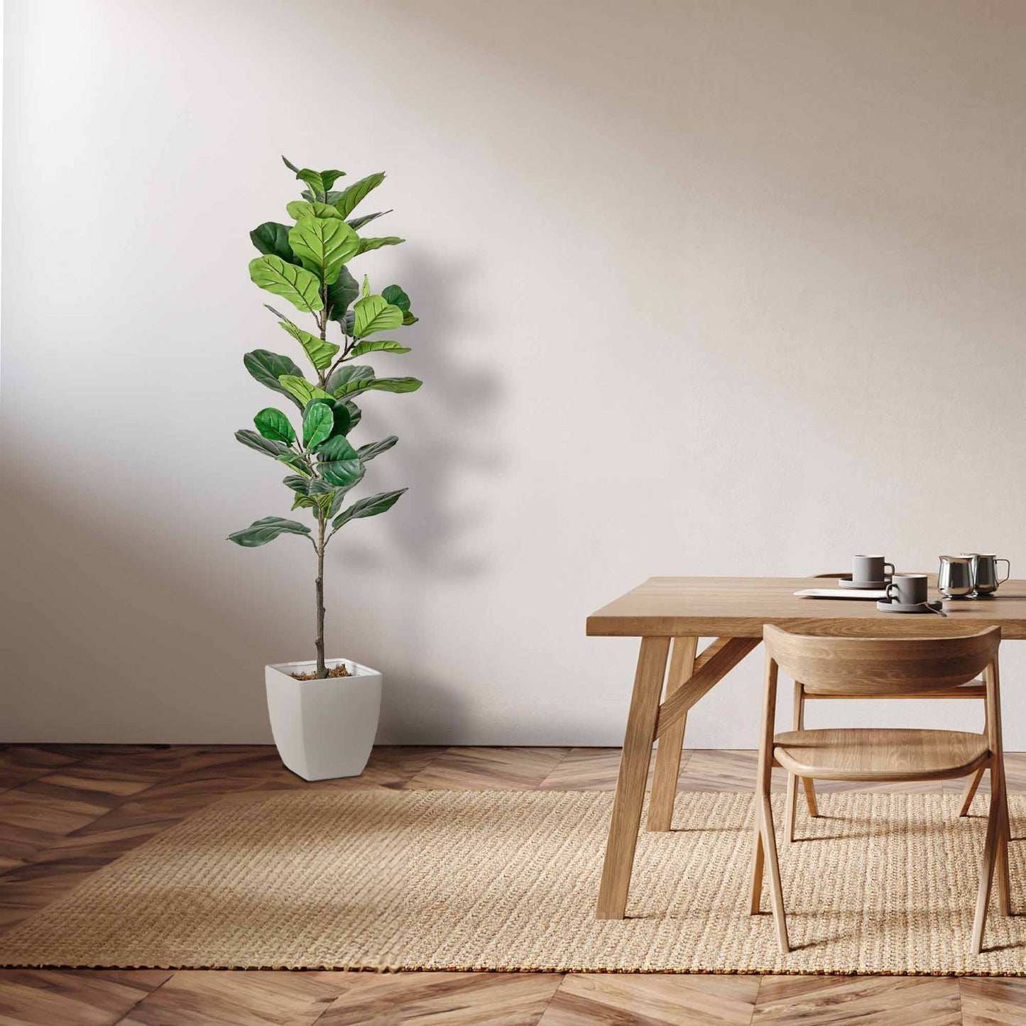 Artificial Fiddle Fig Tree in White Square Ceramic Pot - 60" - Botanica Home ™